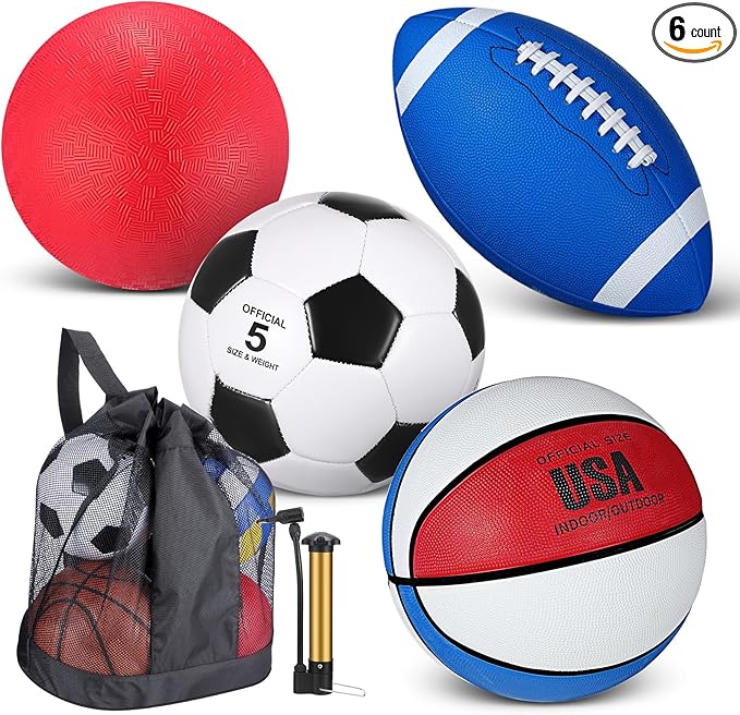 Lenwen 4 Pcs Sports Balls Set, Include Official Size Basketball Soccer Football Playground Ball Pump Equipment Bag for Teen Adult Gift Operation Christmas Ball Gifts