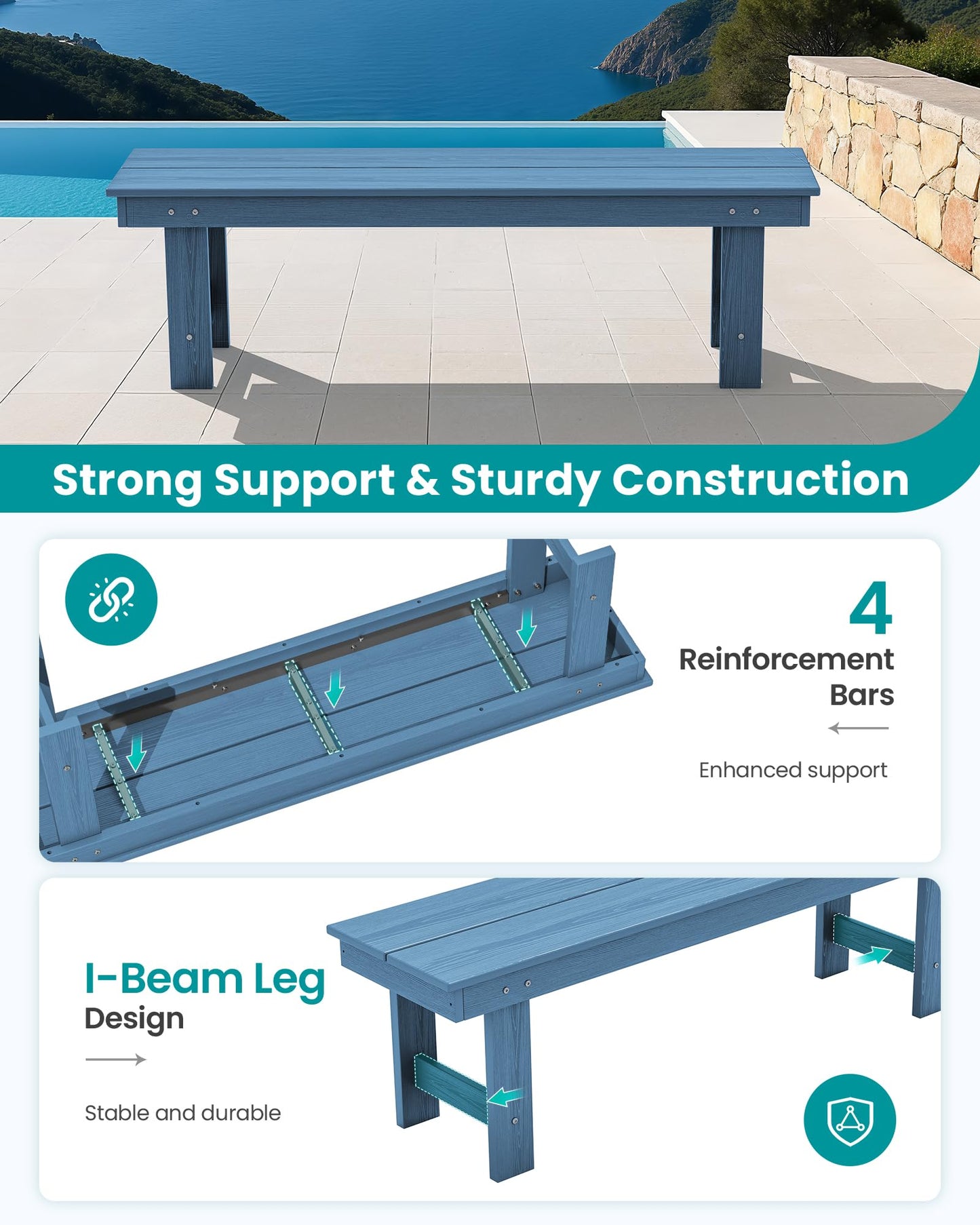 SERWALL 2-Person Outdoor Bench Backless, HDPE Outdoor Benches Weatherproof, 660 Lbs Weight Capacity, Poly Lumber Patio Furniture for Garden, Porch and Park, Navy
