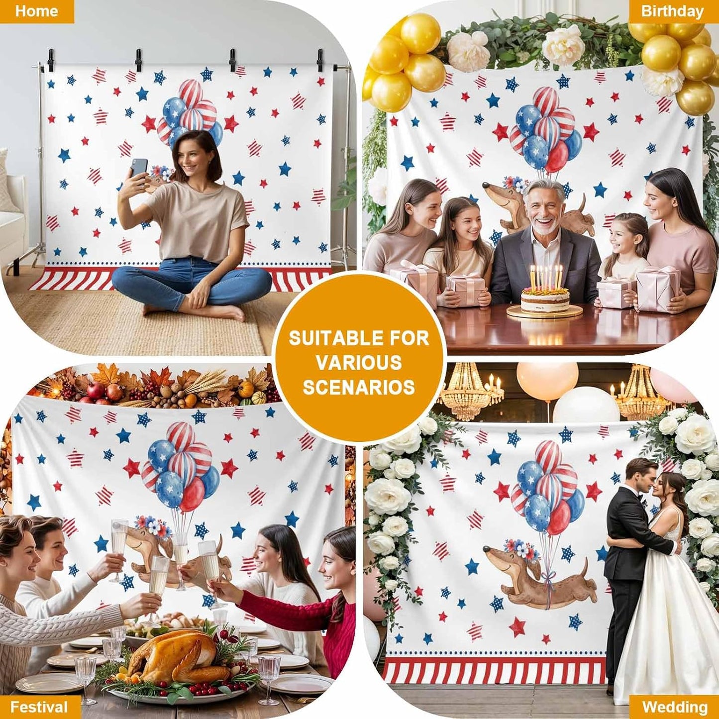 Generic 12 8 Independence Day Photo Backdrop for Photoshoot, x FT Flag Day Sausage Dog Blue Red Star Balloon Photo