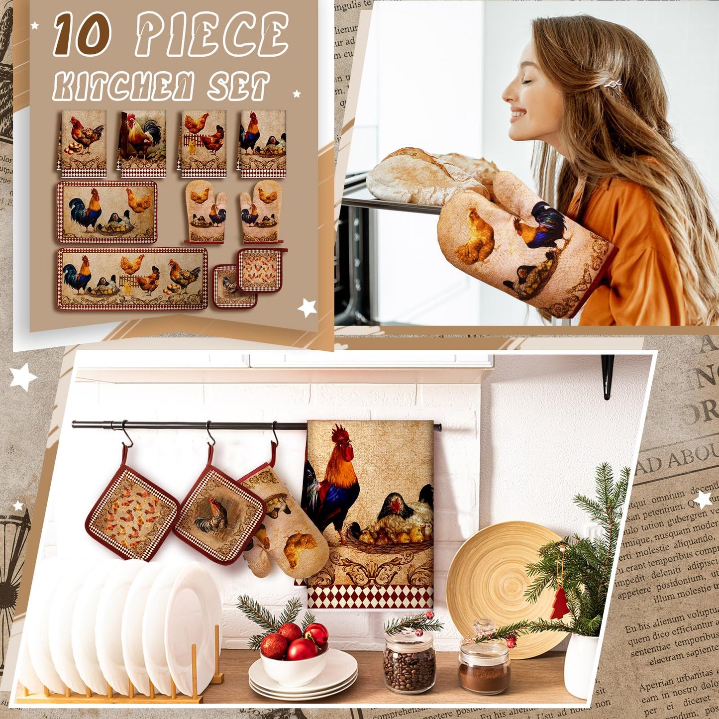 Fourluoo 10 Pcs Rooster Chicken Kitchen Dish Towels Rugs Oven Mitts and Pot Holders Sets Farmhouse Rustic Rooster Kitchen Decor Set for Cooking Baking Grilling Women Mom Gift(Brown)