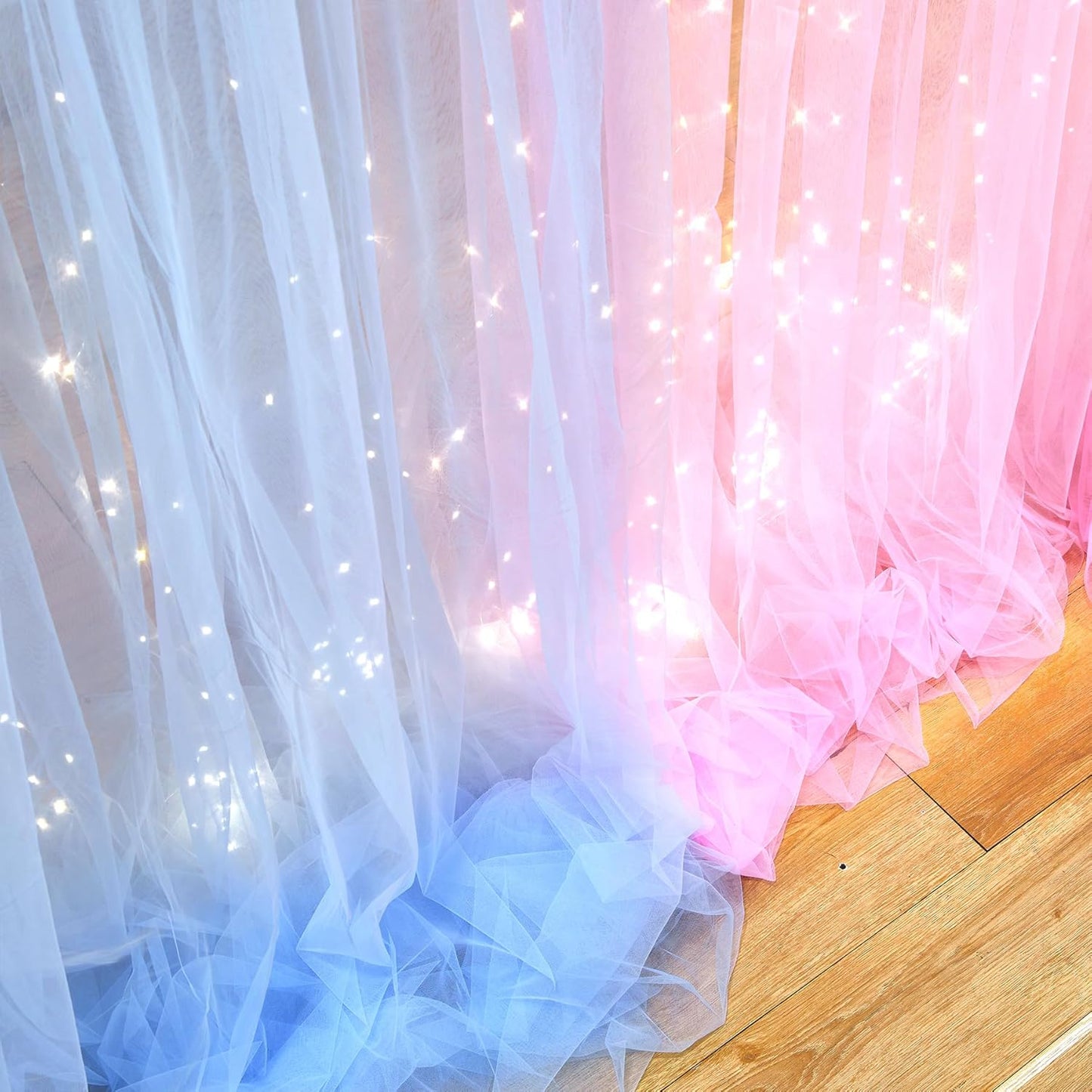 Suppromo 2 58ft Pink Blue Sheer Tulle Backdrop Curtains with Lights String for Gender Reveal Baby Shower Decorations