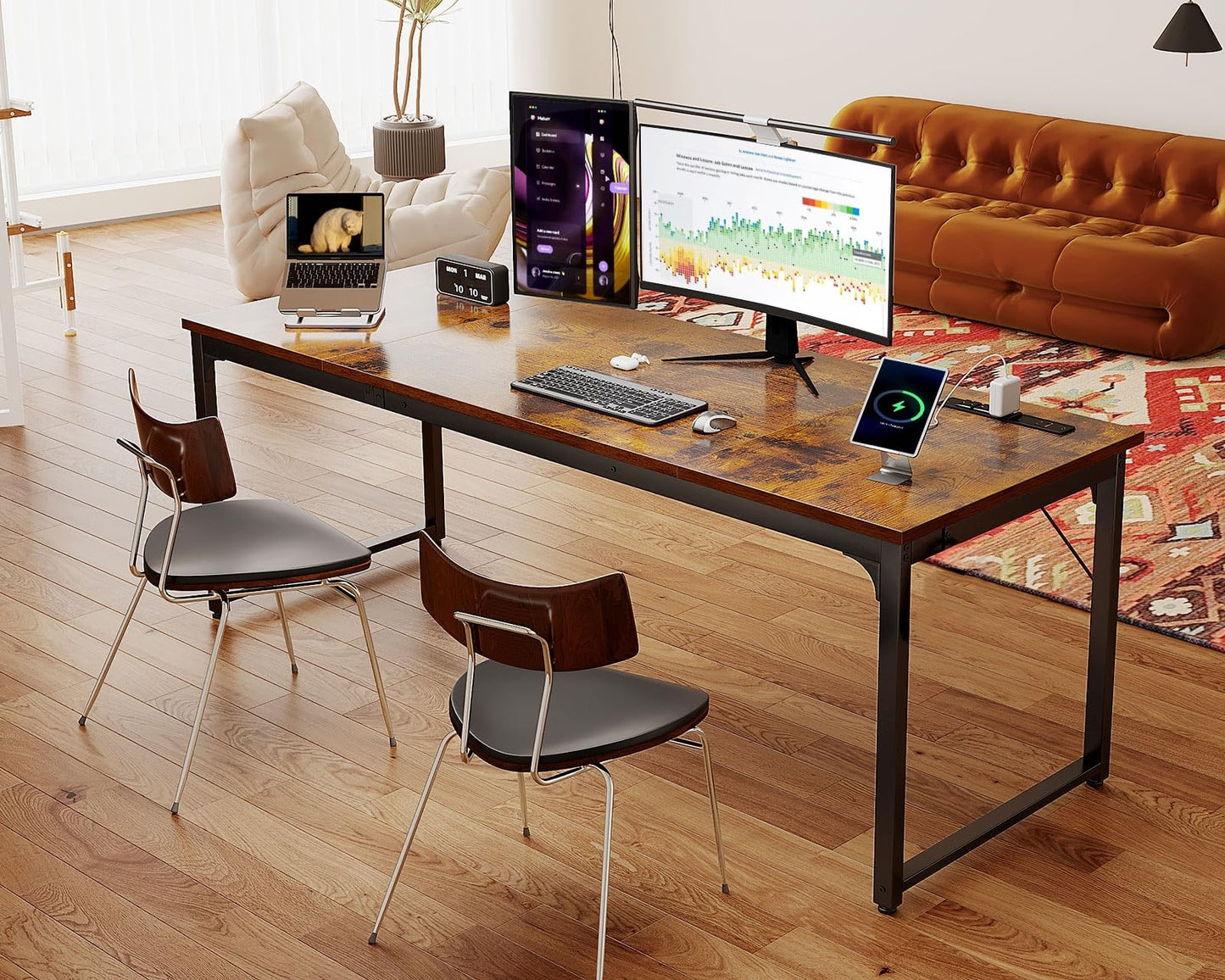 Coleshome 71 Inch Computer Desk with USB Ports, Large Office Desk, Long Study Student Writing Desk, Rustic Brown