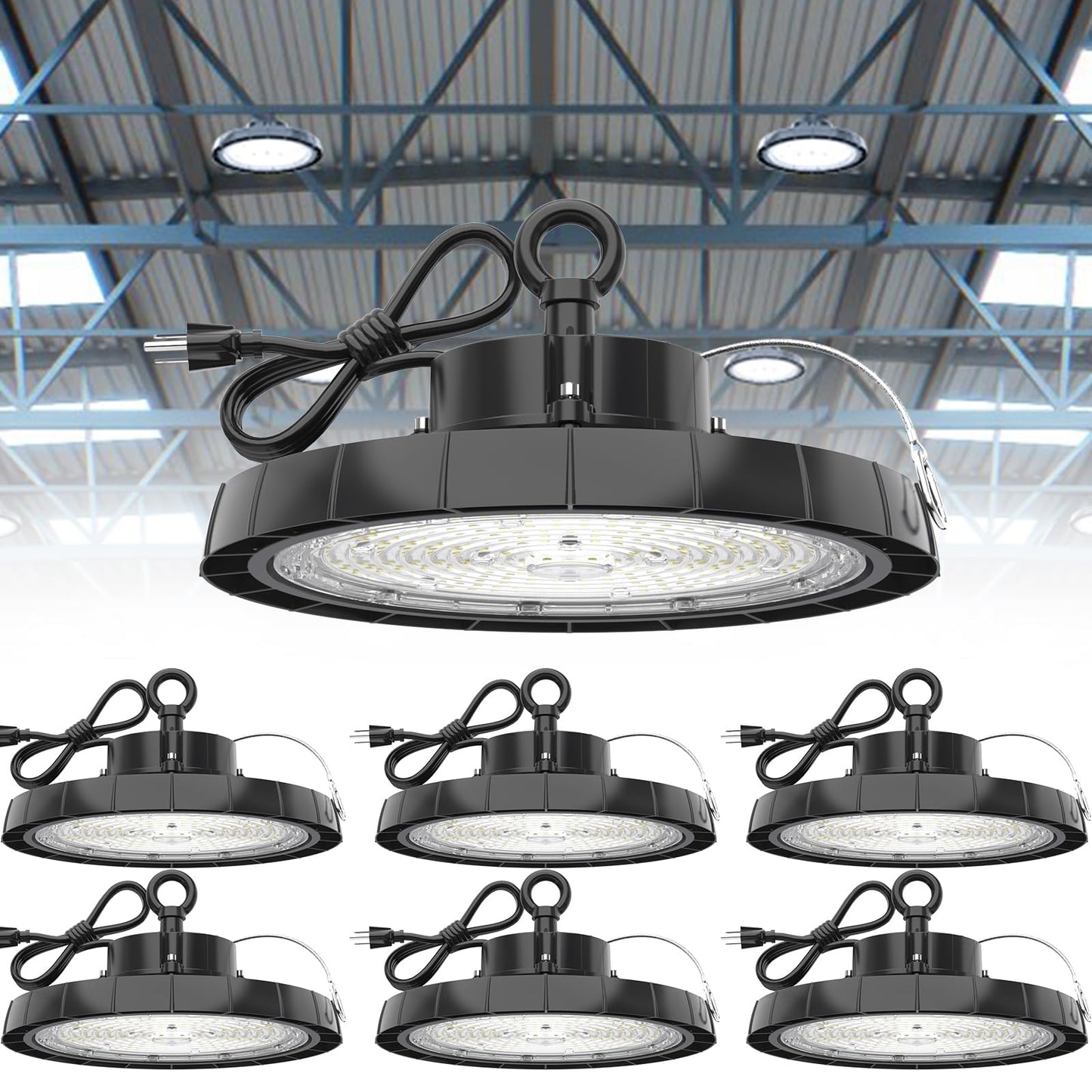 Ipackorin High Bay LED Lights: 200W 28000LM 5000K UFO Led Light IP65 AC100-277V IP65 - UFO Lights with US Plug 5' Cable for Warehouse Shop Factory Barn 6 Packs