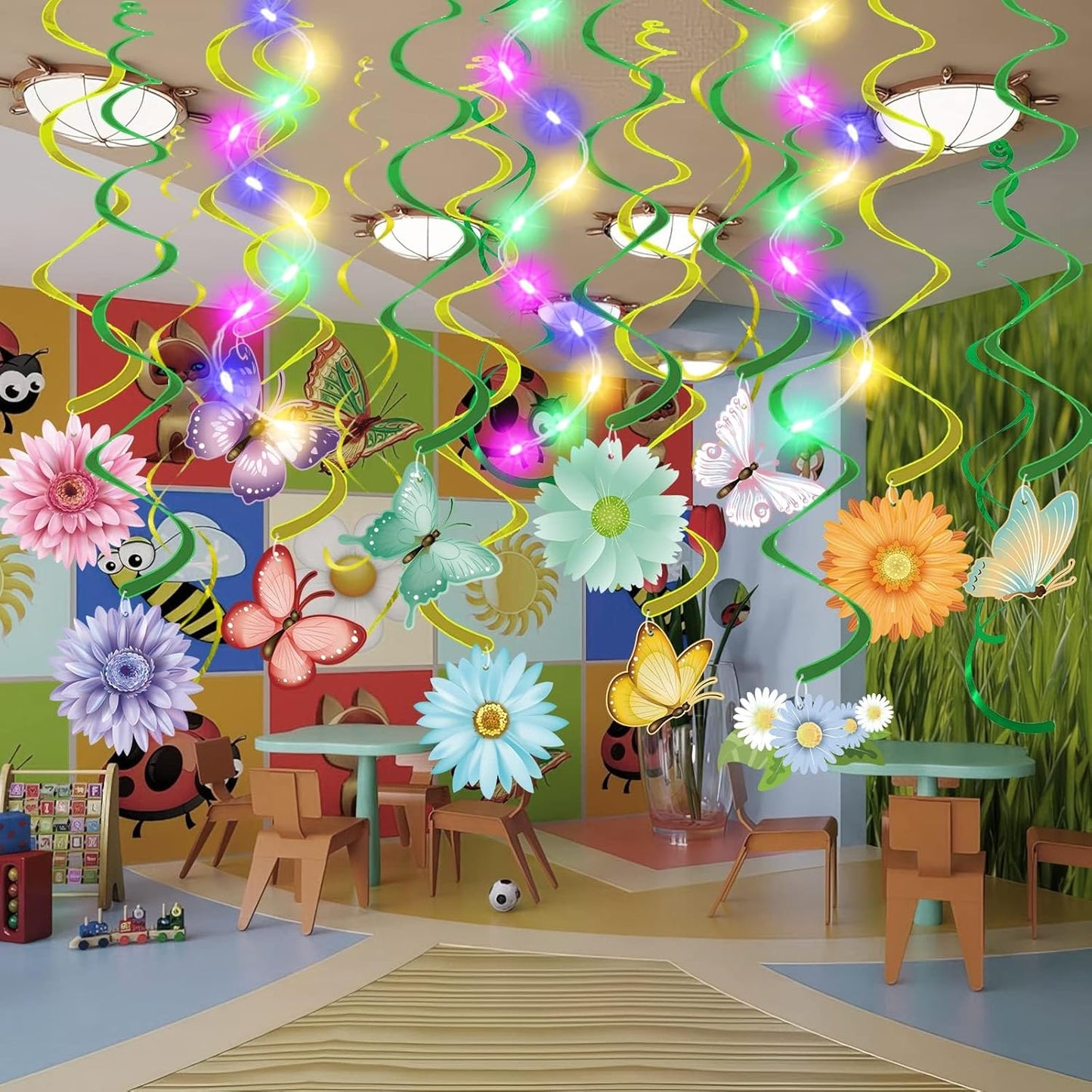 Skiennix 33-Piece Spring Hanging Decorations - Flower & Butterfly Swirls with LED Lights for Easter Parties