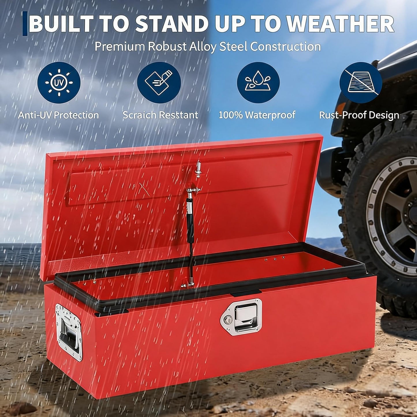 IDEALHOUSE Heavy Duty Diamond Plate Steel Truck Tool Box – Waterproof Metal Storage Chest with Lock & Side Handles – Secure Pickup Truck Toolbox for Trailers, RVs, Workshop (Powder-Coated Red)