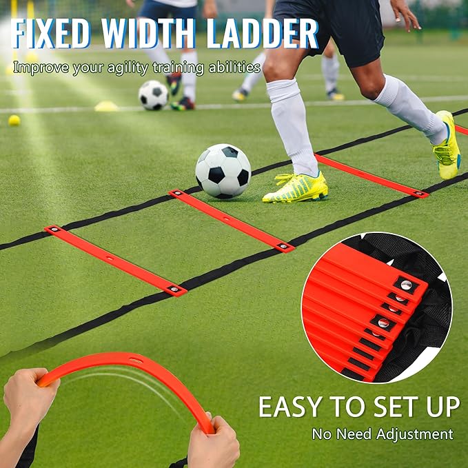 Fixed Rung Agility Ladder - 20ft 12 Rungs No Tangle Speed and Agility Training Equipment for Soccer Footwork Training with Carrying Bag/Ground Stakes for Adults Youth Kids