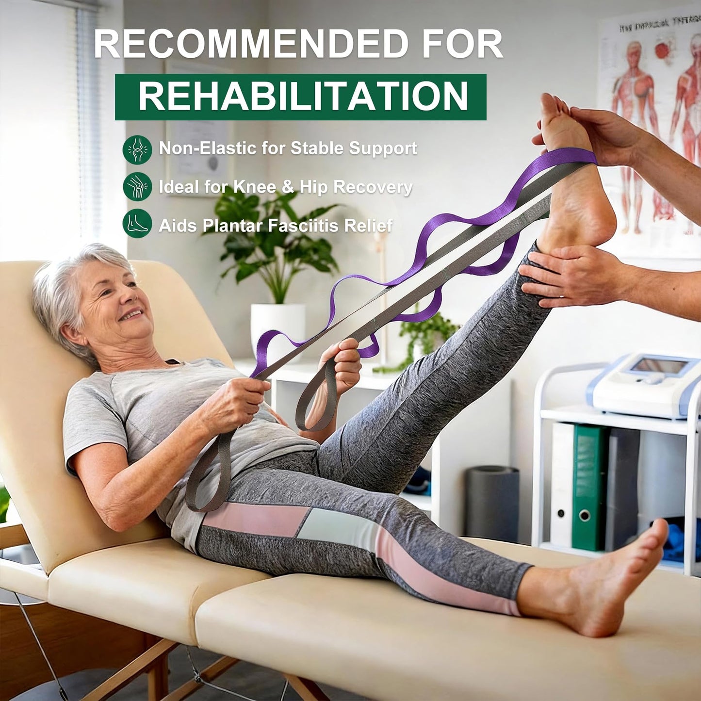 Acozycoo Stretching Strap with 10 Loops – Non-Elastic Yoga Strap for Physical Therapy, Knee Replacement Recovery & Plantar Fasciitis – Leg Stretcher Band for Flexibility & Hamstring Rehab（Purple)
