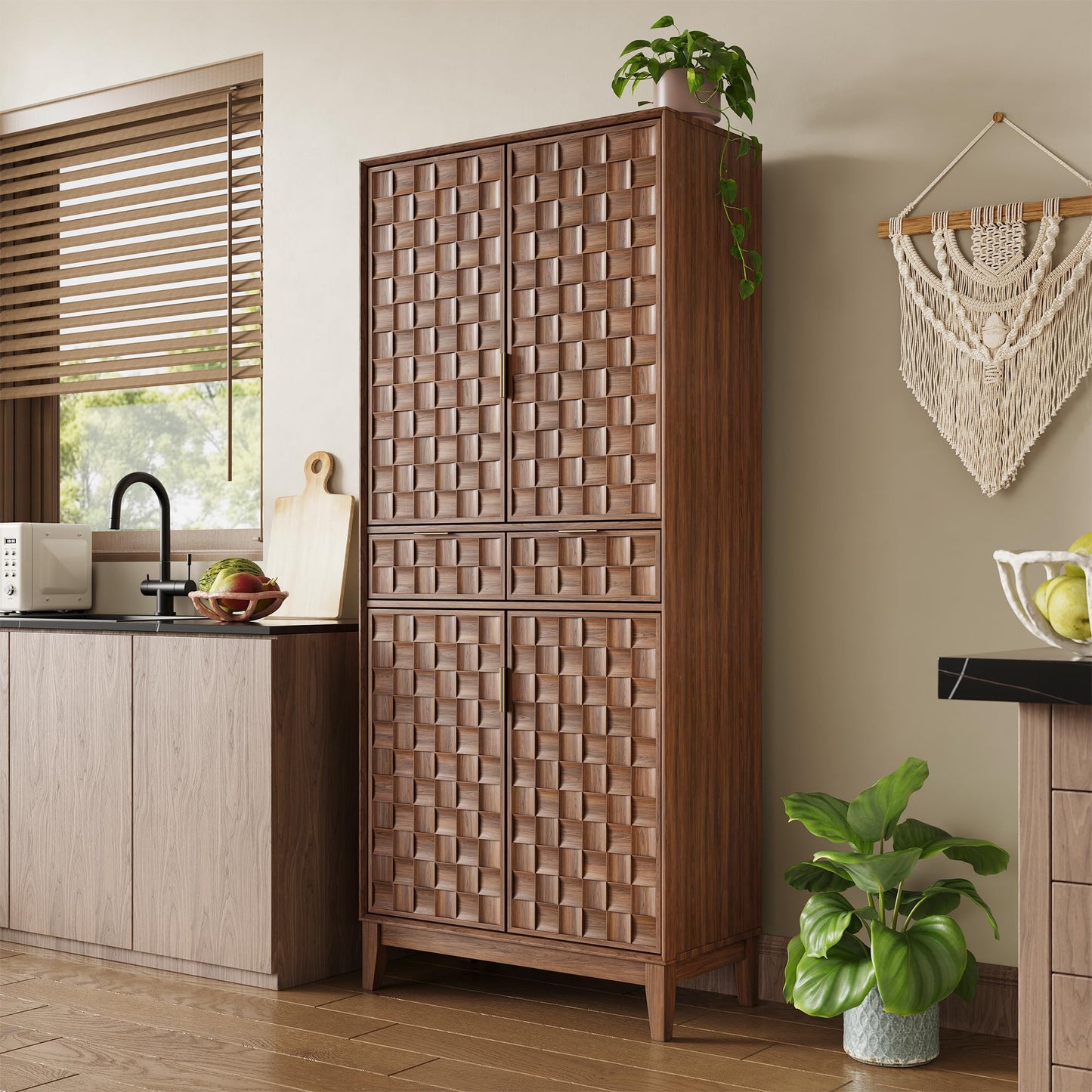 Pantry Cabinet, 71" Tall Pantry Cabinet,Modern Kitchen Cabinet with Doors, Drawers & Adjustable Shelves, Freestanding Food Pantry Cupboard with Side Rack for Kitchen Dining Room,Walnut