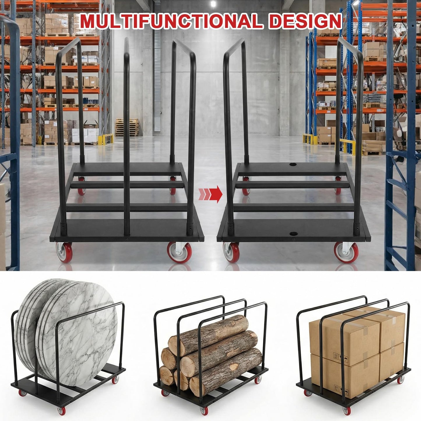 1800 LBS Table Cart Folding, Heavy Duty Chair Cart with PU Swivel Wheels, Black Drywall Dolly Carts for Party, Factory, Wood, Drywall, Warehouse