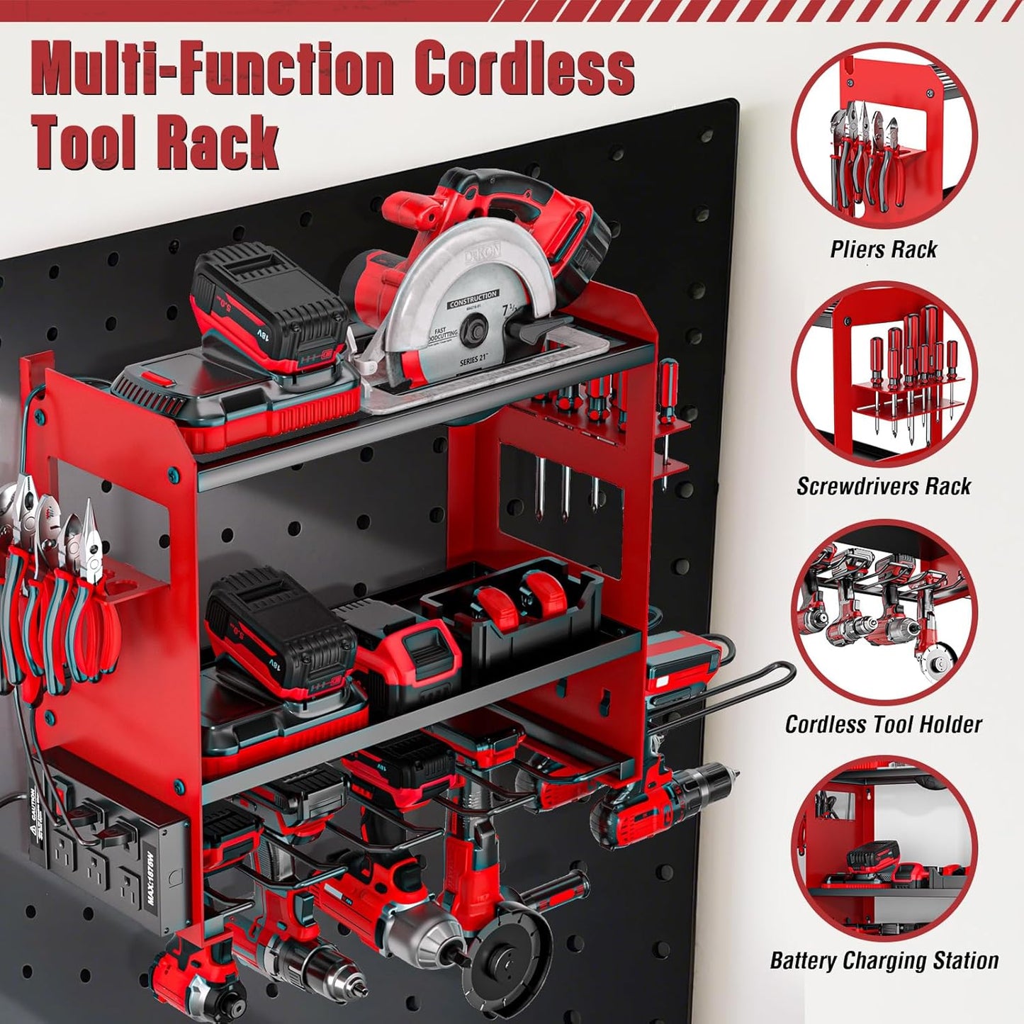 YYR Power Tool Organizer - Wall Mount Charging Station & Heavy-Duty Drill Holder - Red