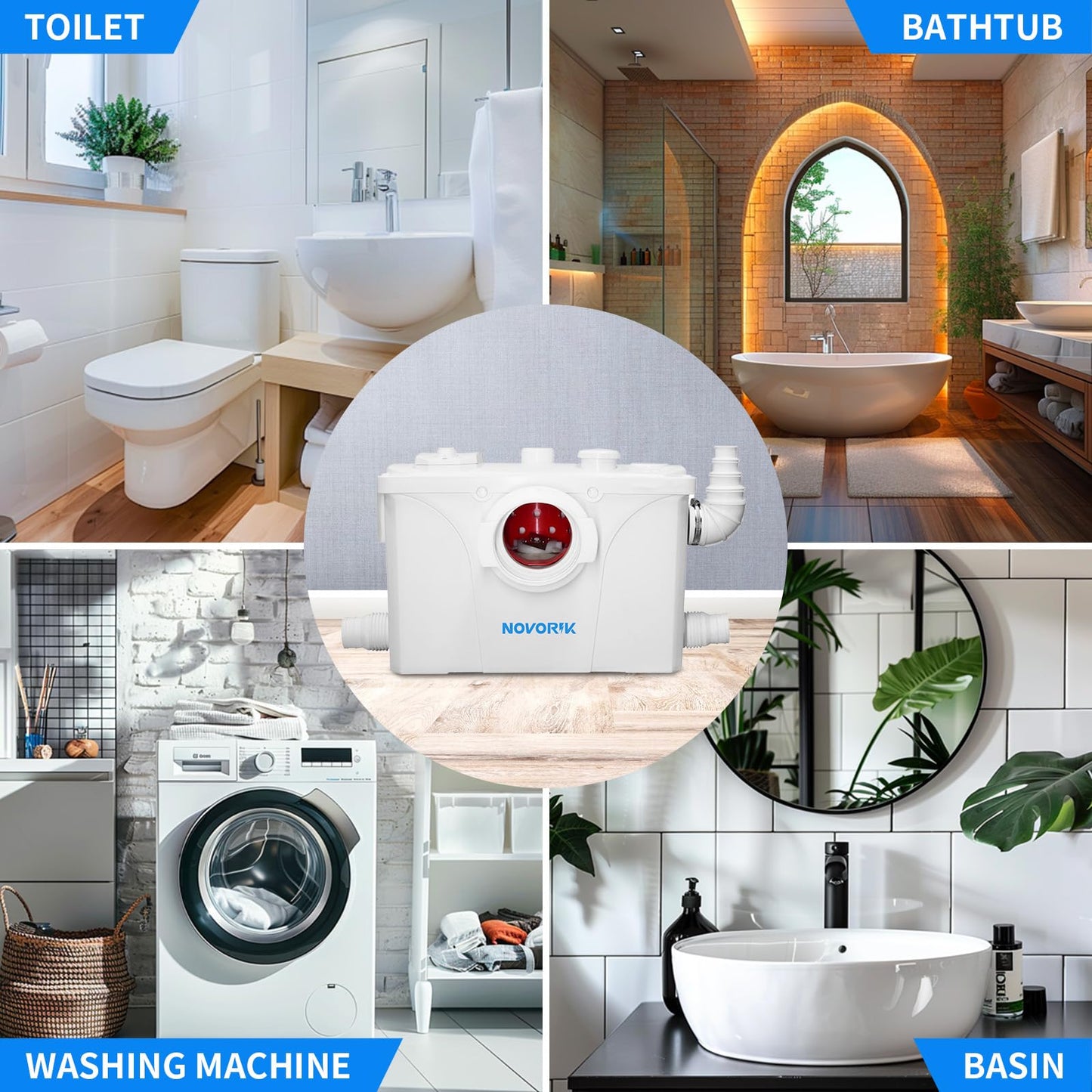 NOVORIK 700W Macerator Pump, Macerating Toilet System Pump, Sink Pump for Basement Upflush System Kitchen, Sink, Shower, Bathtub, Laundry Waste Water Disposal (700W)