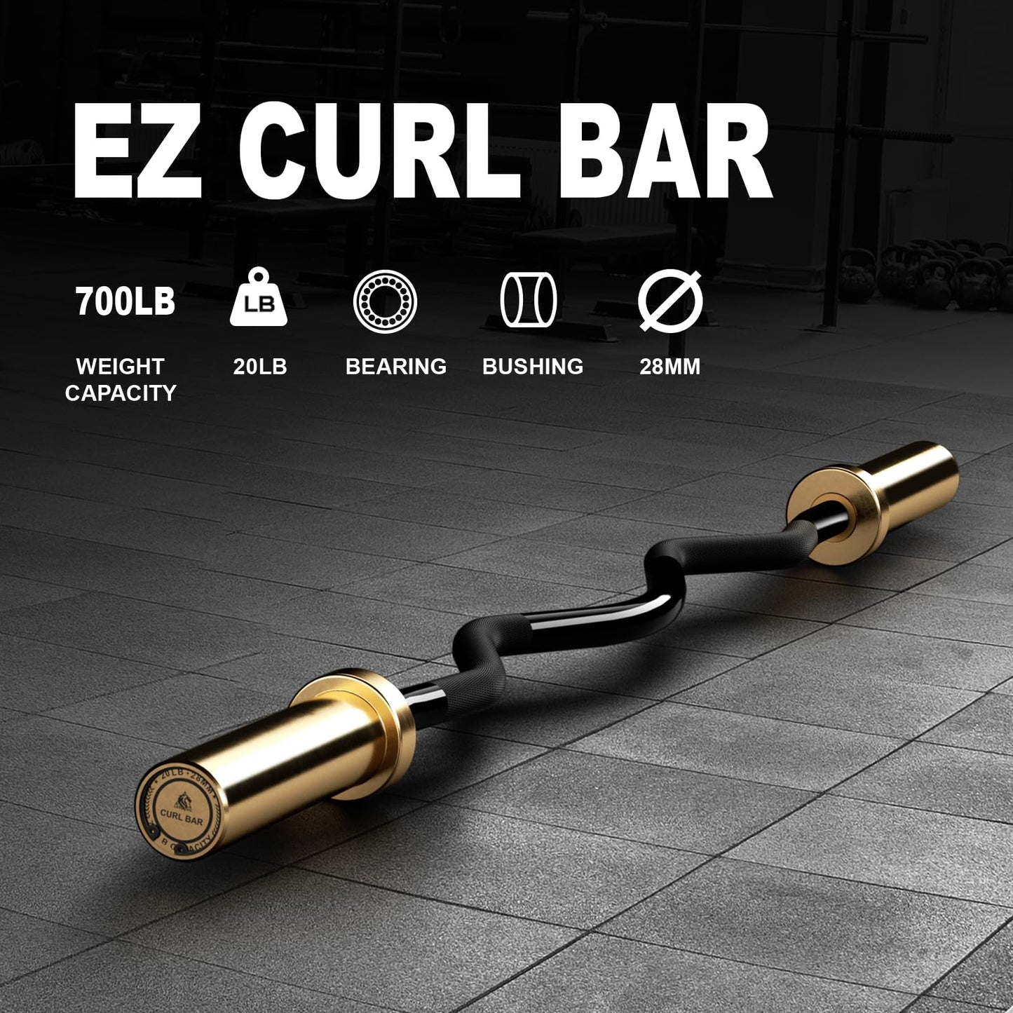 LIONSCOOL EZ Curl Bar (Golden Titanium Coated Sleeves & Black E-coated Shaft, 700LBS, 28MM)