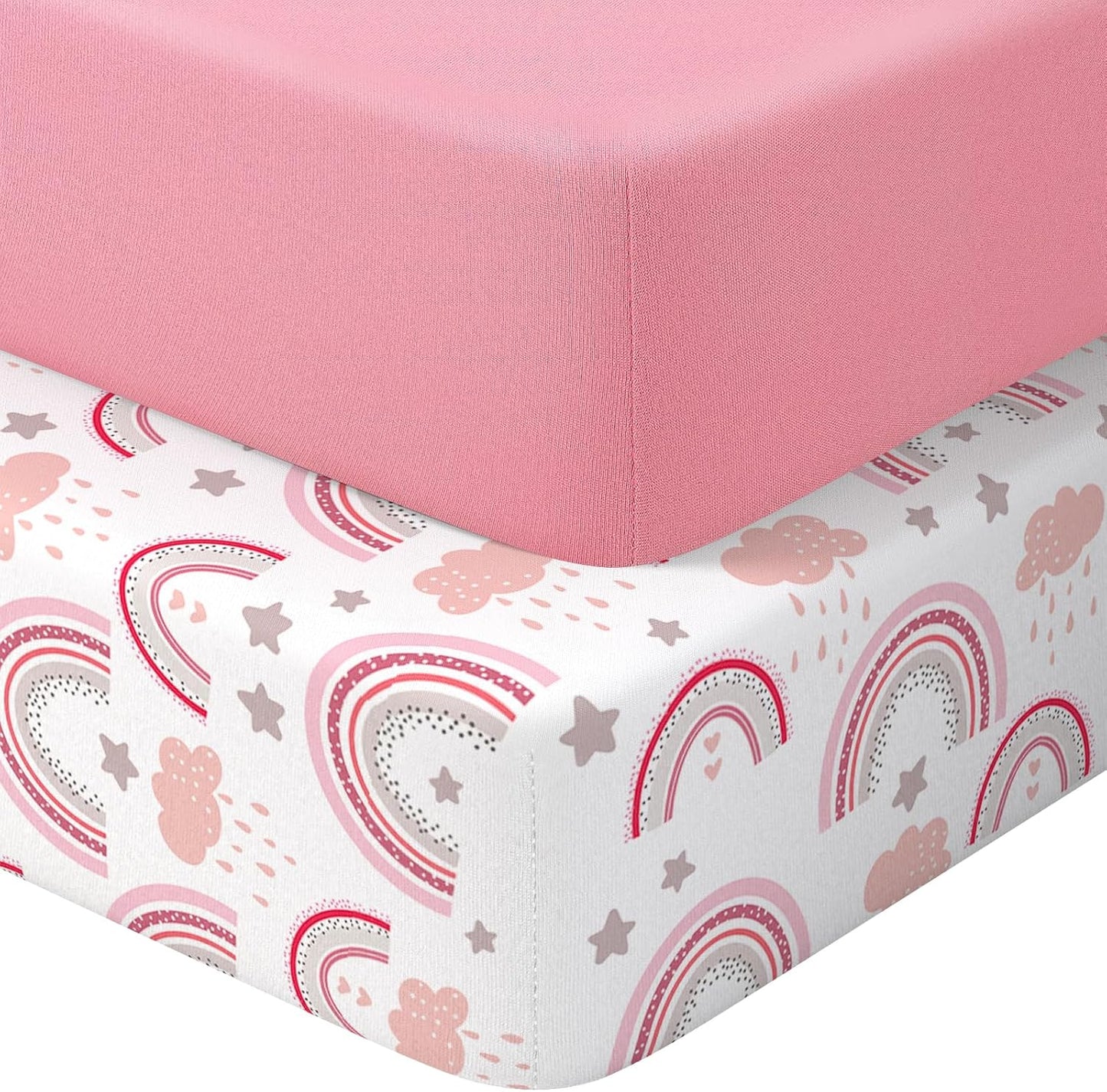 Skiennix Baby Crib Sheets - Soft Microfiber 2-Pack for Standard Crib Mattress | Pink Rainbow & Pink 28x52x8in