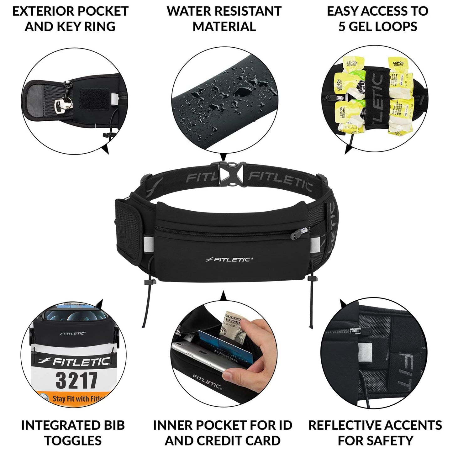 Fitletic Running Belt with Side Pocket, Loops for Energy Gels, Race Bib Number Holder. Waist Pack Water Resistant Phone Holder. Model Ultimate II Black