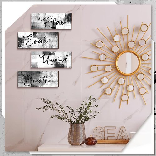 Maitys Bathroom Wall Art - 4 Pcs Rustic Wood Decor for Soak & Unwind | 10 x 4 Inch Black & White Signs
