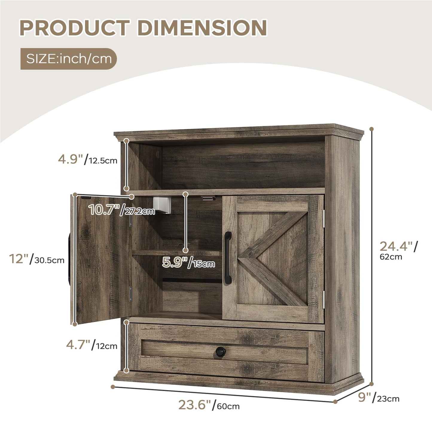 Bathroom Wall Cabinet, Wall Mounted Medicine Cabinet with Drawer, Barn Door & Adjustable Shelf, 24.4"H x 23.6"W x 9"D Grey Over Toilet Farmhouse Storage Cabinet for Kitchen, Laundry, Entryway