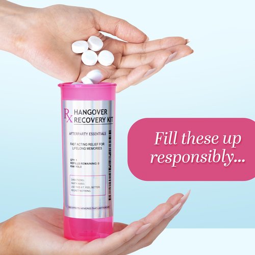 Chug Buddy Set of 10 Large Pink Pill Bottles for DIY Hangover Kits – Empty Bottles for Hangover Kit Supplies, Valentines Day Gifts, Bachelorette Party Favors, 21st Birthday & Bridesmaids Gifts