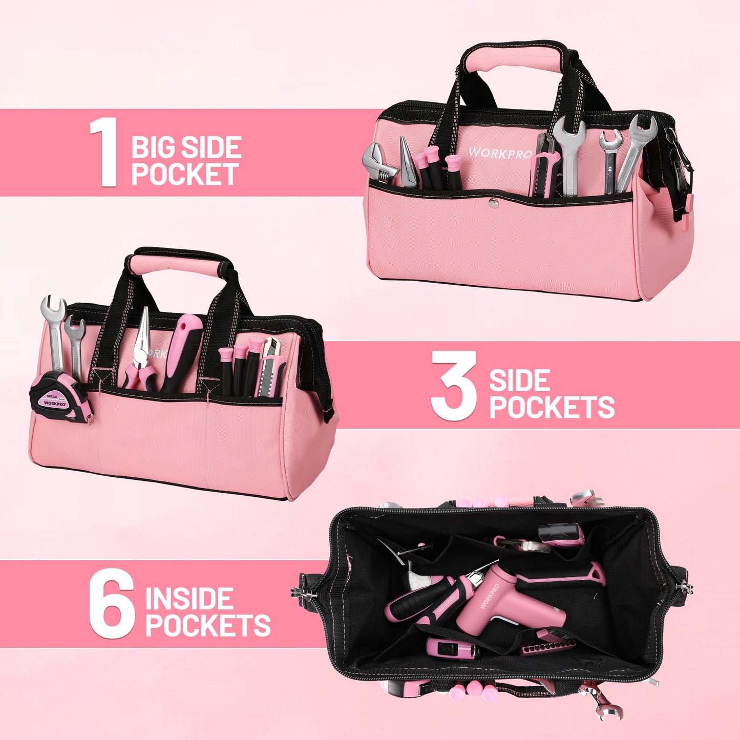 WORKPRO 13-Inch Tool Bag, Pink Soft Cloth Tool Storage Bags, Wide Mouth Tool Tote Bag with Inside Pockets - Pink Ribbon