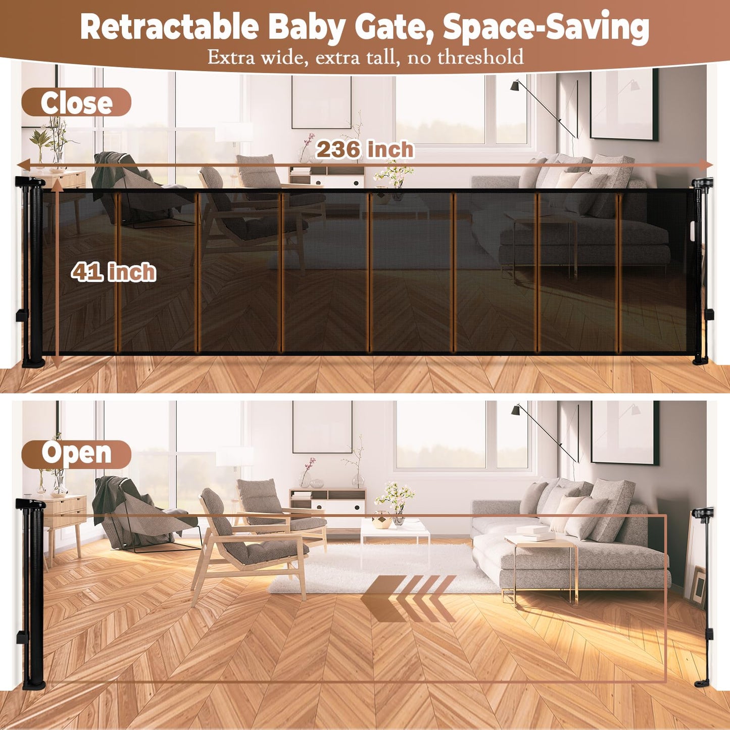 236" Retractable Baby Gate Extra Wide, 41" Tall Retractable Dog Gate for Stairs, Doorways, Decks, Mesh Gate Long Child Gate Pet Gate for Indoor, Outdoor, with Reinforced Mesh Rods, Dual Locks