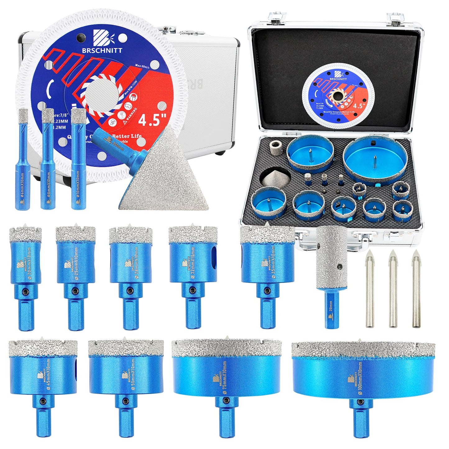 BRSCHNITT Diamond Tile Hole Saw Kit with Pilot Bit - (6-100mm) Dry Diamond Core Drill Bit Triangle Shank&Tile Blade for Porcelain Tile Ceramic Stone Granite Marble