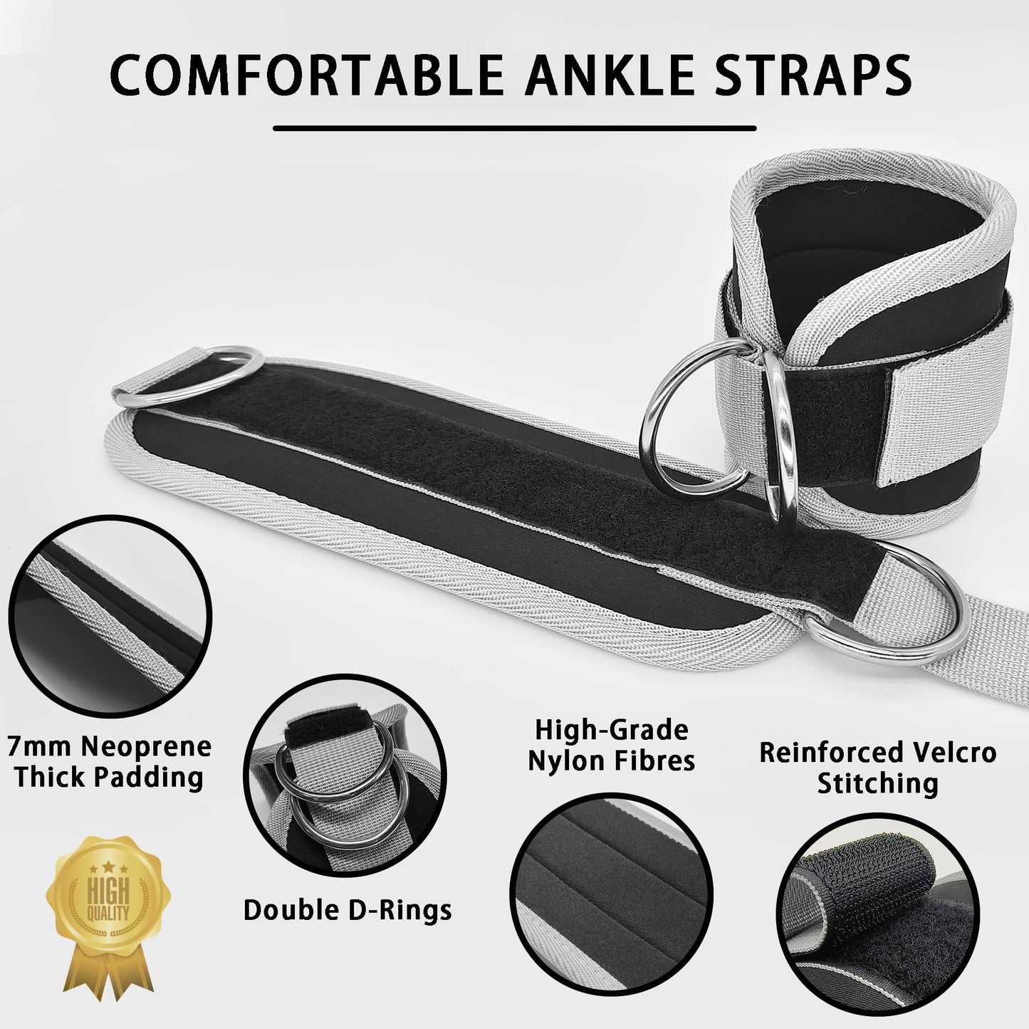 Langmeil Fitness Ankle Straps for Cable Machines, 2 Pack Comfortable Adjustable Padded Ankle Wrist Cuffs, Kickback Glute Workouts for Men Women, D-Ring Leg Straps with Neoprene Padding -Grey