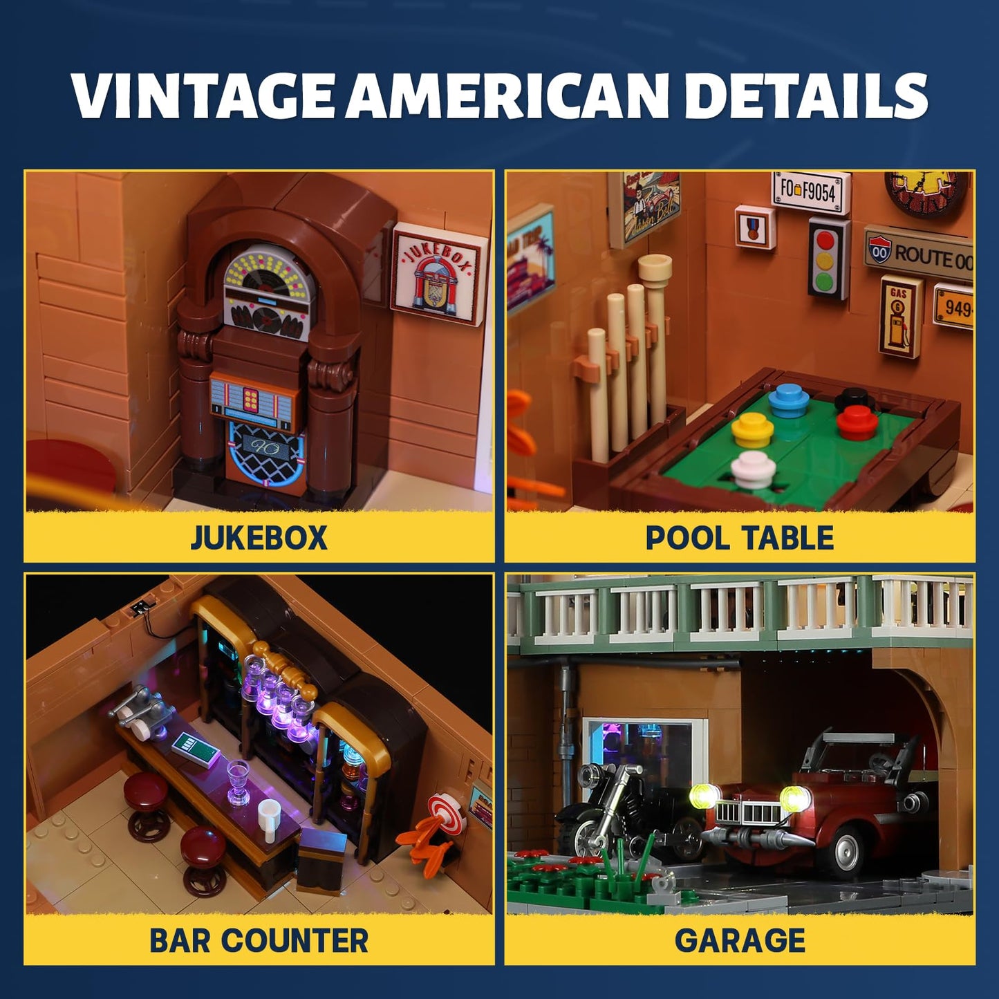 FUNWHOLE City Car-Hotel Lighting Building-Bricks Set - Road Trip Modular Twilight Motel Collection LED Light Car and Motorcycle Building Set 1970 Pcs for Adults and Teen
