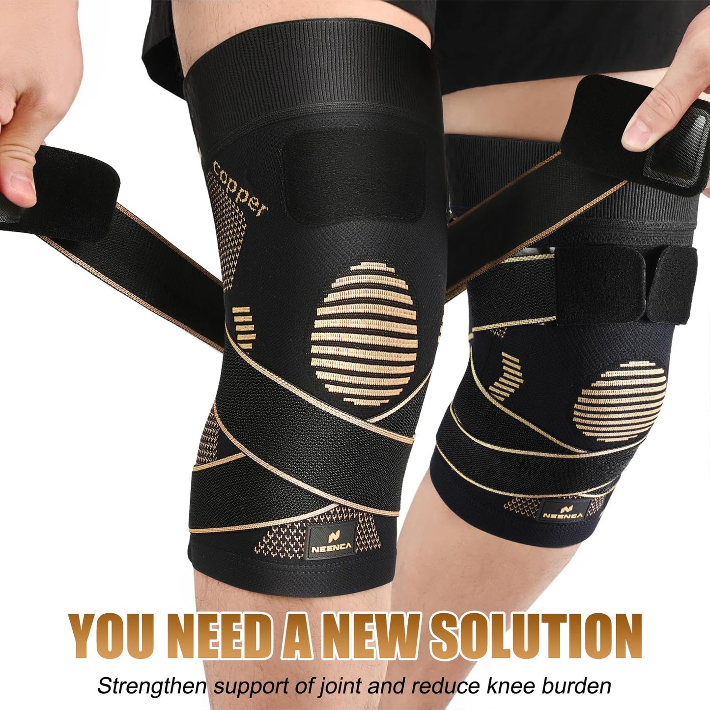 NEENCA Copper Knee Brace with Straps for Women/Men, Knee Compression Sleeve for Knee Pain, Arthritis, ACL, Meniscus Tear, Joint Pain Relief. Knee Support for Running, Workout, Weightlifting - Single