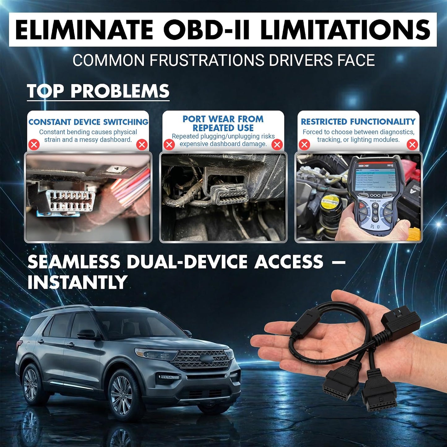 2 OBD2 OBD-II Splitter Cable for Speed Turtle & Z-Flash Modules - Port Adapter Extension Cable - Plug & Play Diagnostic