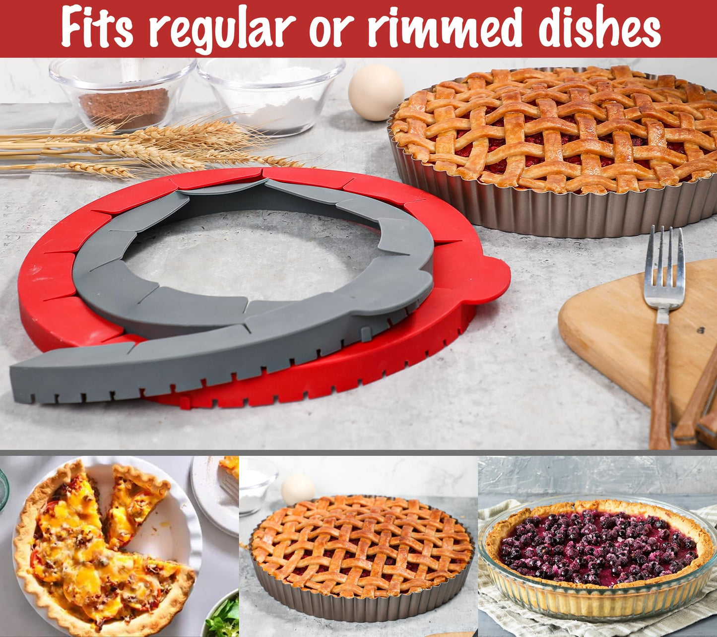 Webake Pie Crust Protector Shield Adjustable Pie Crust Shield Fits 11.5-9 Inch Pie Pan, European Food Grade Silicone Pinch Test Passed, for Baking Party Pie Tart, Pack of 2, Red and Grey