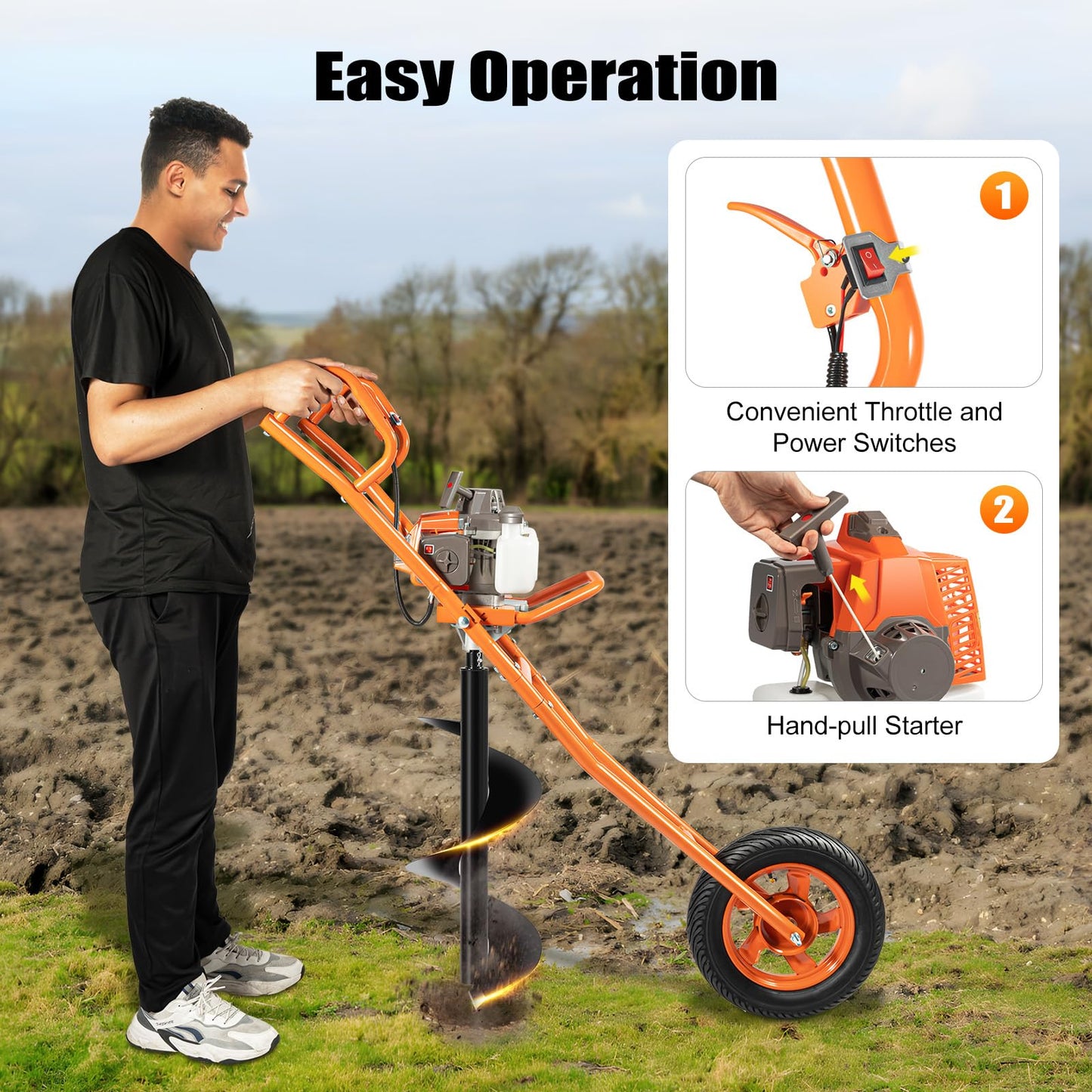 63CC 2-Stroke Hole Digger, 3HP Gas Powered Earth Auger Post Hole Digger Ground Drilling Machine Gasoline Earth Auger Wheelbarrow w/Extra-Large Fuel Tank & Bits for Fence Ground Drill Planting (Orange)