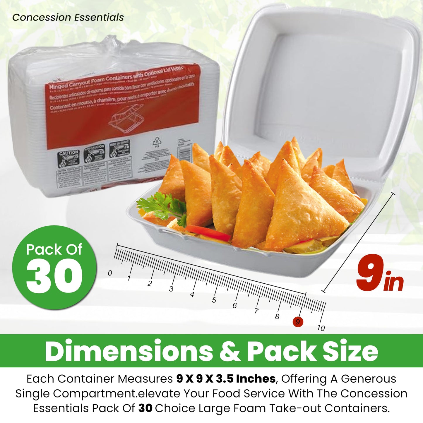 Concession Essentials Pack of 30CT Choice Large 9 x 9 x 3.5 Inch Foam 1-Compartment Containers, White, Hinged, with Optional Venting, Polystyrene, 9"L x 9"W x 3.5"H