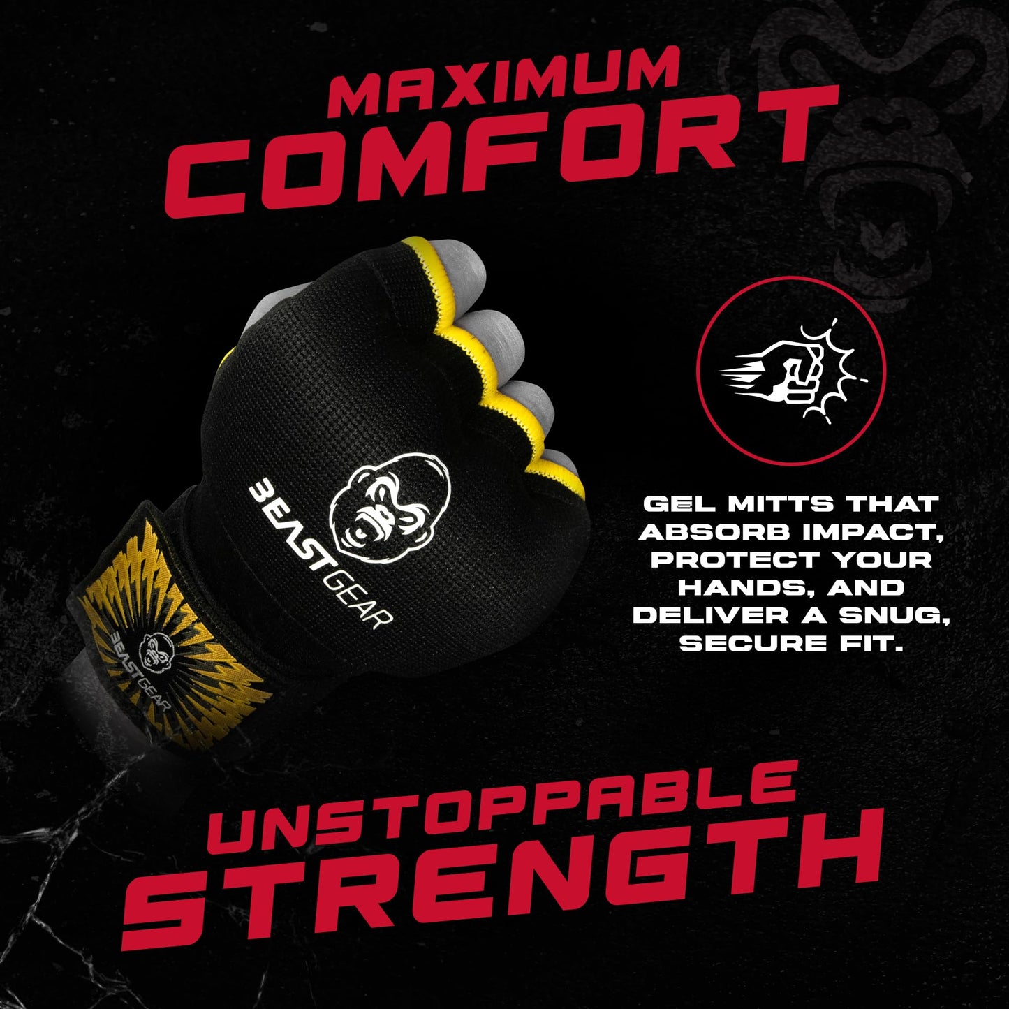 Beast Gear Hand Wraps Boxing Inner Gloves with Gel Padded, Quick 100cm Wrist Straps for Men & Women - MMA, Muay Thai, Kickboxing & Martial Arts Training (L)