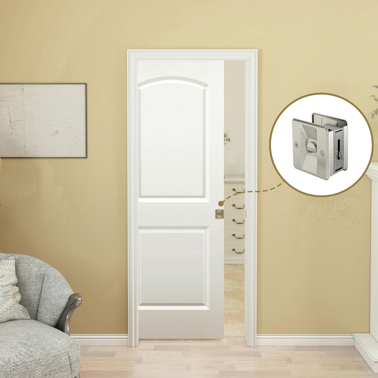 BARNSMITH 30in x 80in Sliding Pocket Door, Raised 2-Panel Arch Top Smooth White Primed Door Slab wtih Track Hardware and Frame Kits & Privacy Latch, Soft Close Mechanism, Durable and Smooth-Sliding
