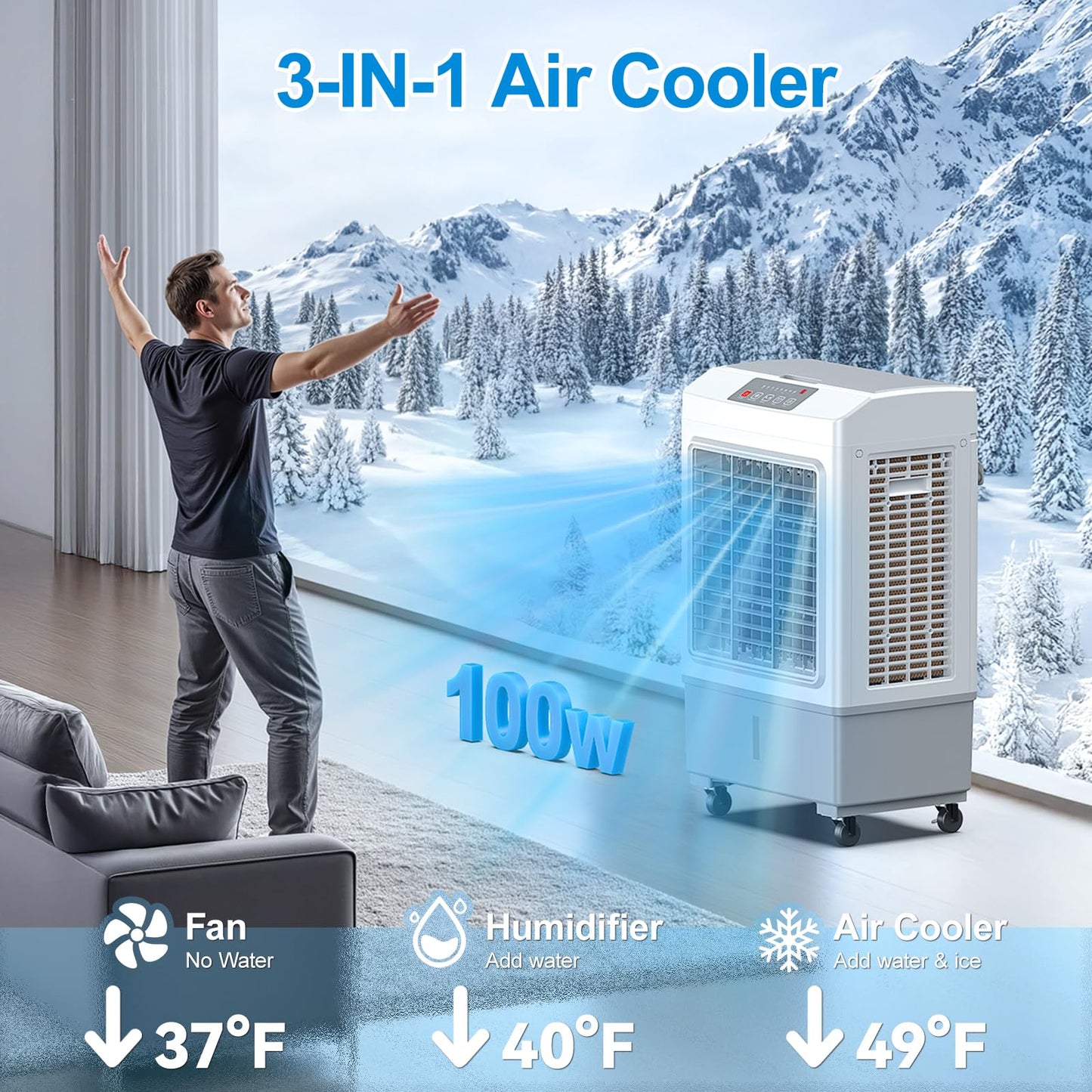 Large Windowless Portable Air Cooler, 3 in 1 Evaporative Swamp Cooler with Remote, Hoseless Ventless Fan Ac Unit, 7H Timer, 8 Gal Water Tank, 4 Ice Box for Garage, Bedroom Home Outdoor
