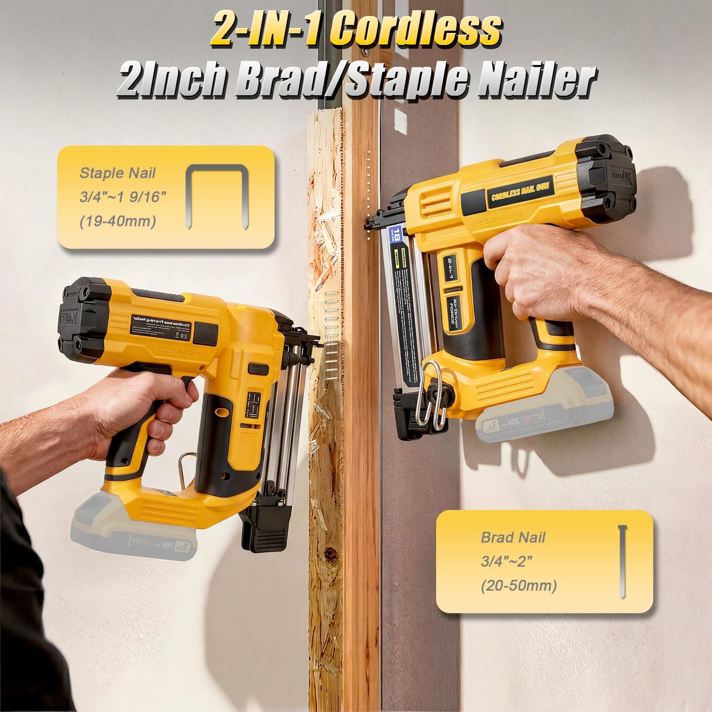 2 in 1 Cordless Brad Nailer Compatible with Dewalt 20V MAX Battery(NO Battery):Electric Nail Gun for Wood, Trim Work, DIY - A Nice Gift for a Husband or Father (Yellow and black)
