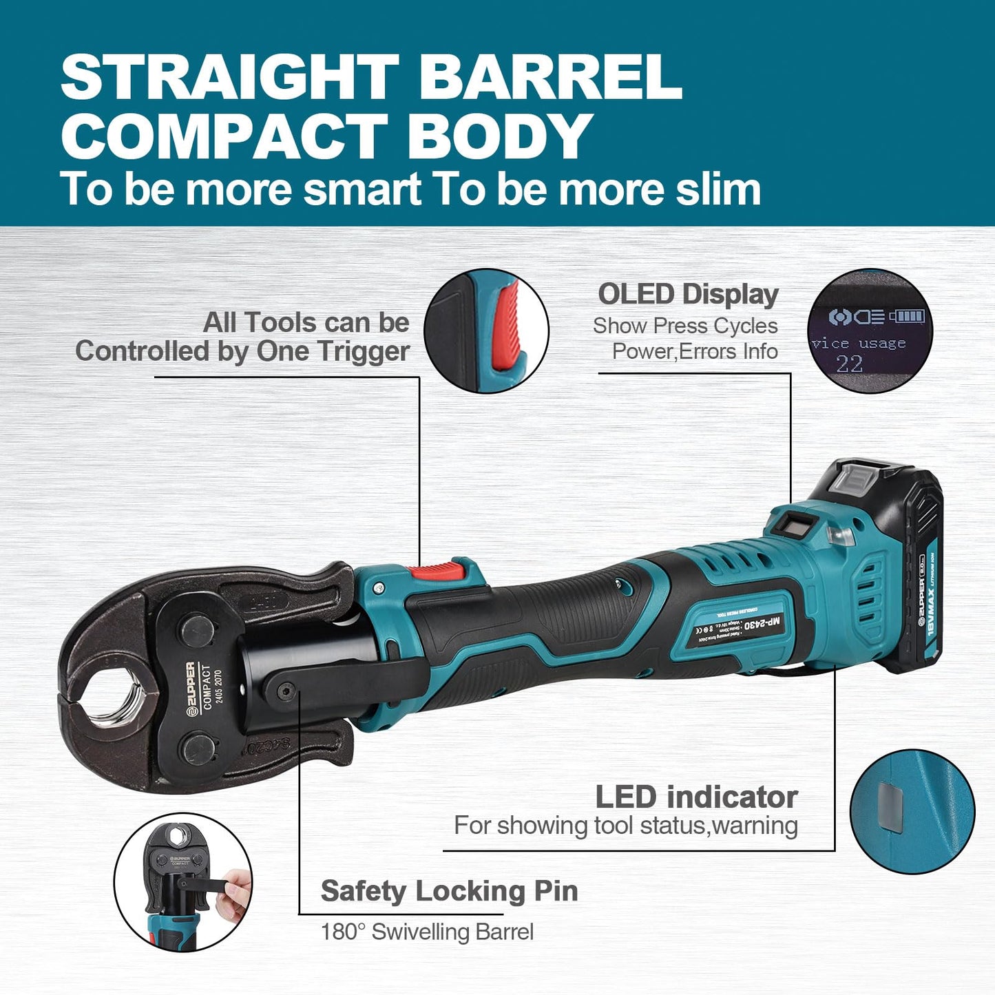ZUPPER Press Tool, 18V Electric Pipe Crimping Tool for 1/2", 3/4", 1" Copper Pipes, Compact Press Tool Kit Suitable for Copper ProPress fittings - with Brushless Motor, 3 VUS Press Jaws, 2pcs Battery