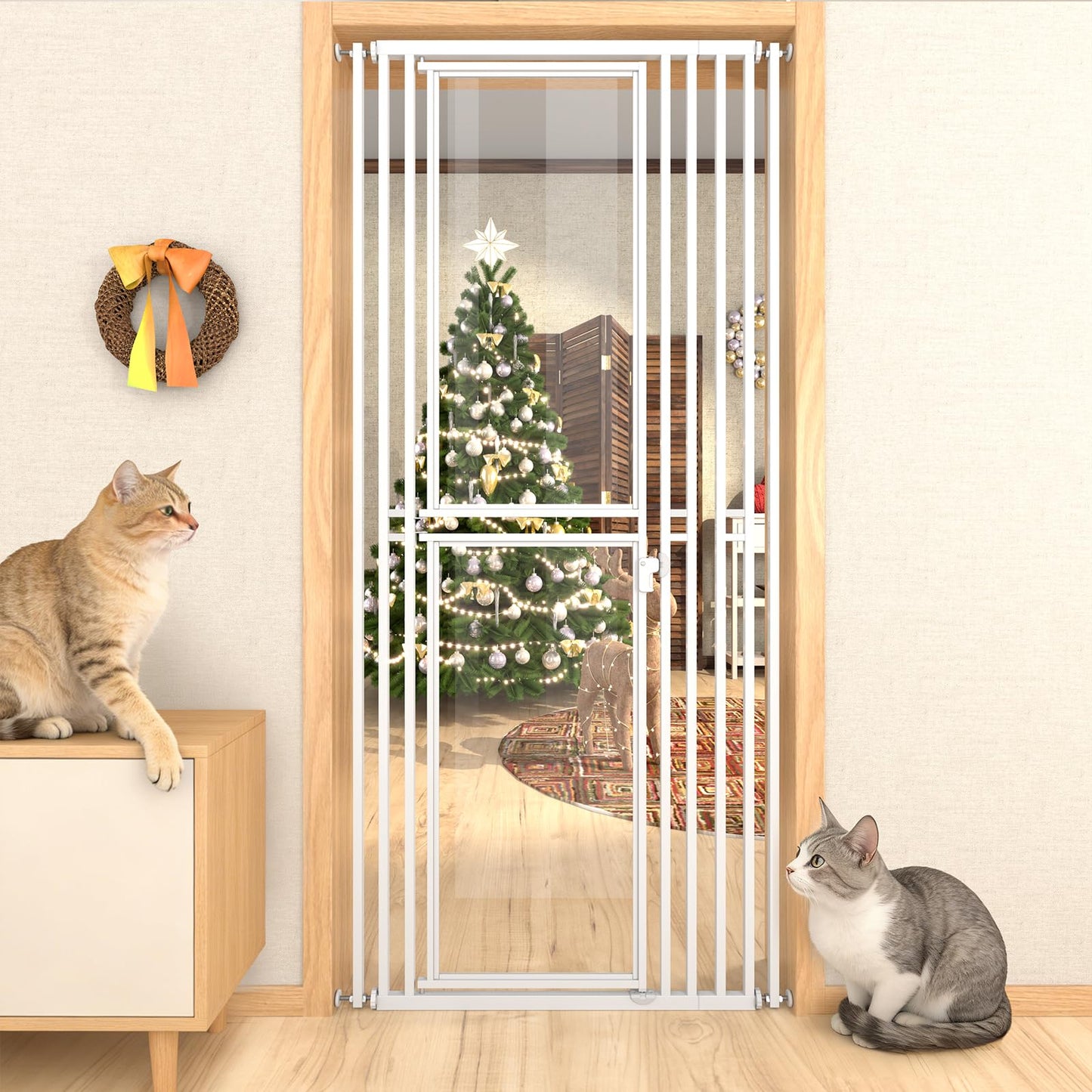 78.74" Extra Tall Cat Gate for Doorway, Wide Adjustable 28"-37" Pet Gate Included 4 Extension Kits,No Drilling Pressure Mounted Transparent Full Door Gate for Stairs, Studio, Kitchen (White)