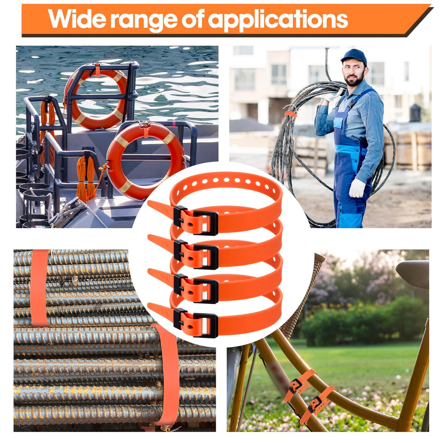 Blulu 4 Pack Reusable Industrial Straps 16" Length Reliable Tension Straps for Securing Bike Motor Gear -60 Lb. Working Load, Elastic Cable Ties for Welders Skis, Garden Hoses(Orange)