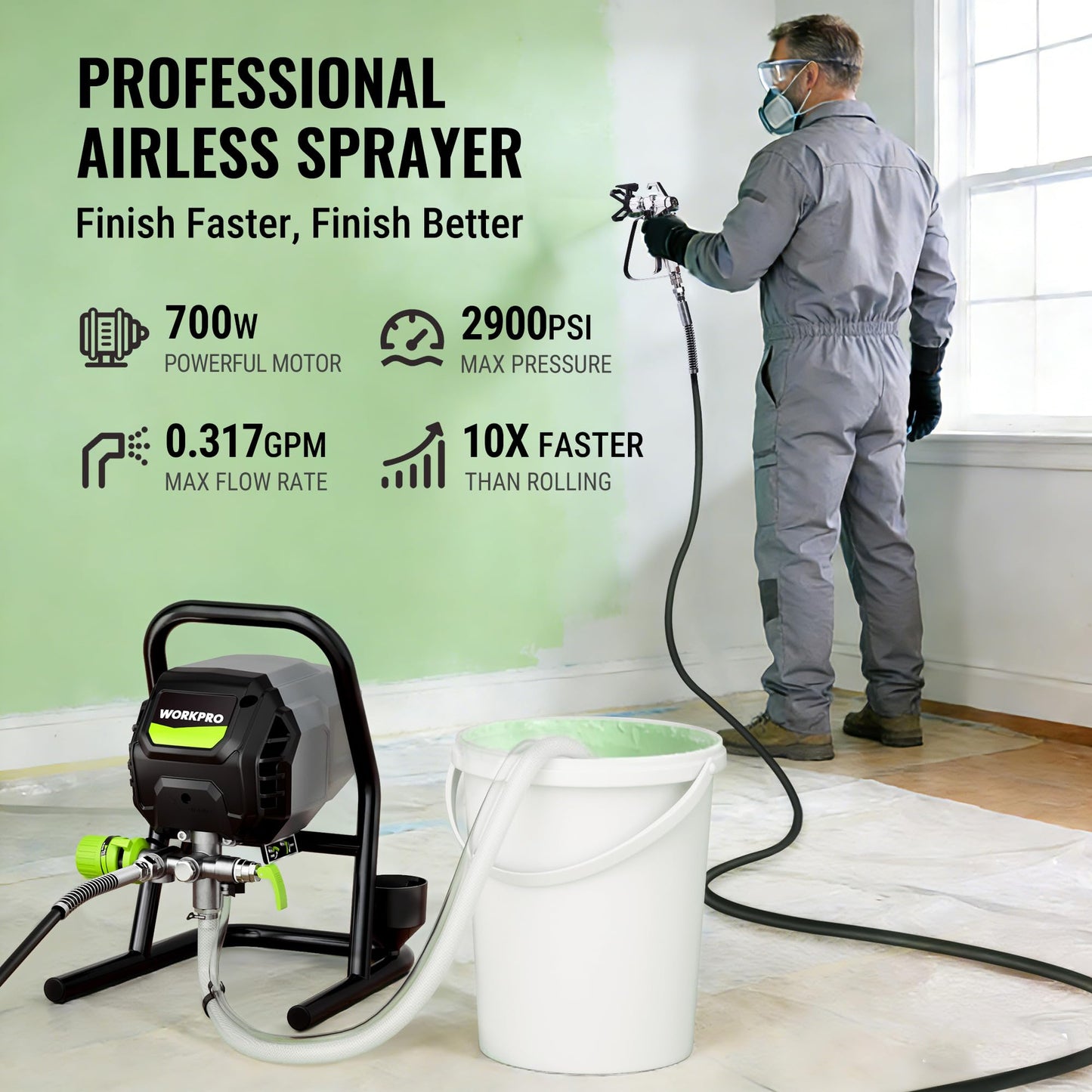 WORKPRO 700W Airless Paint Sprayer, 2900PSI High Efficiency Thinning-Free Electric Paint Sprayer with Extension Rod, Paint Sprayer for Home Interior, Exterior, Furniture, Fence & Ceilings