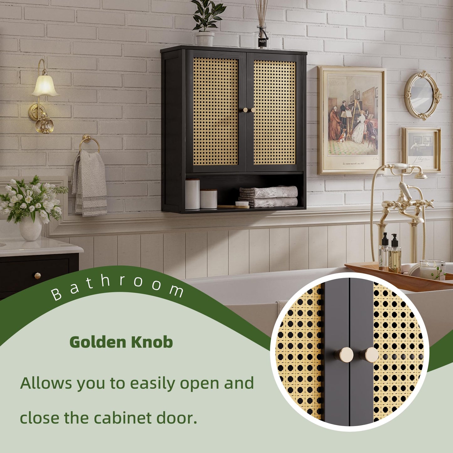 vovala Bathroom Wall Cabinet, Bamboo Over-The-Toilet Storage Organizer with 2 Rattan Doors and Adjustable Shelf, Space Saver Medicine Cabinet for Laundry, Kitchen, Living Room (Black)