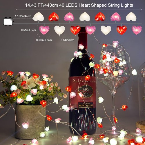 Mothers Day Decorations Lights 2 Pack Total 28FT 80LED Red Pink White Heart Fairy String Lights Battery Operated Timer 8 Modes Gifts for Mom Women Home Indoor Wedding Valentines Mother's Day Decor