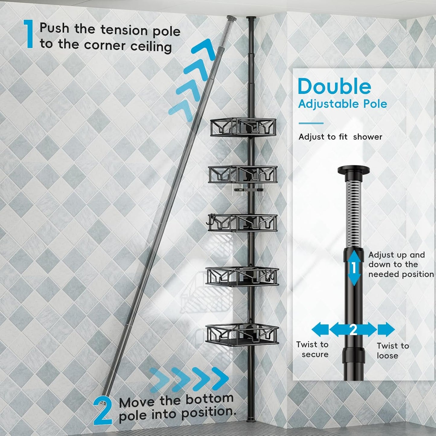 Skycarper 5-Tier Adjustable Corner Shower Caddy - Rustproof Tension Pole, 62-116 Inch, Black