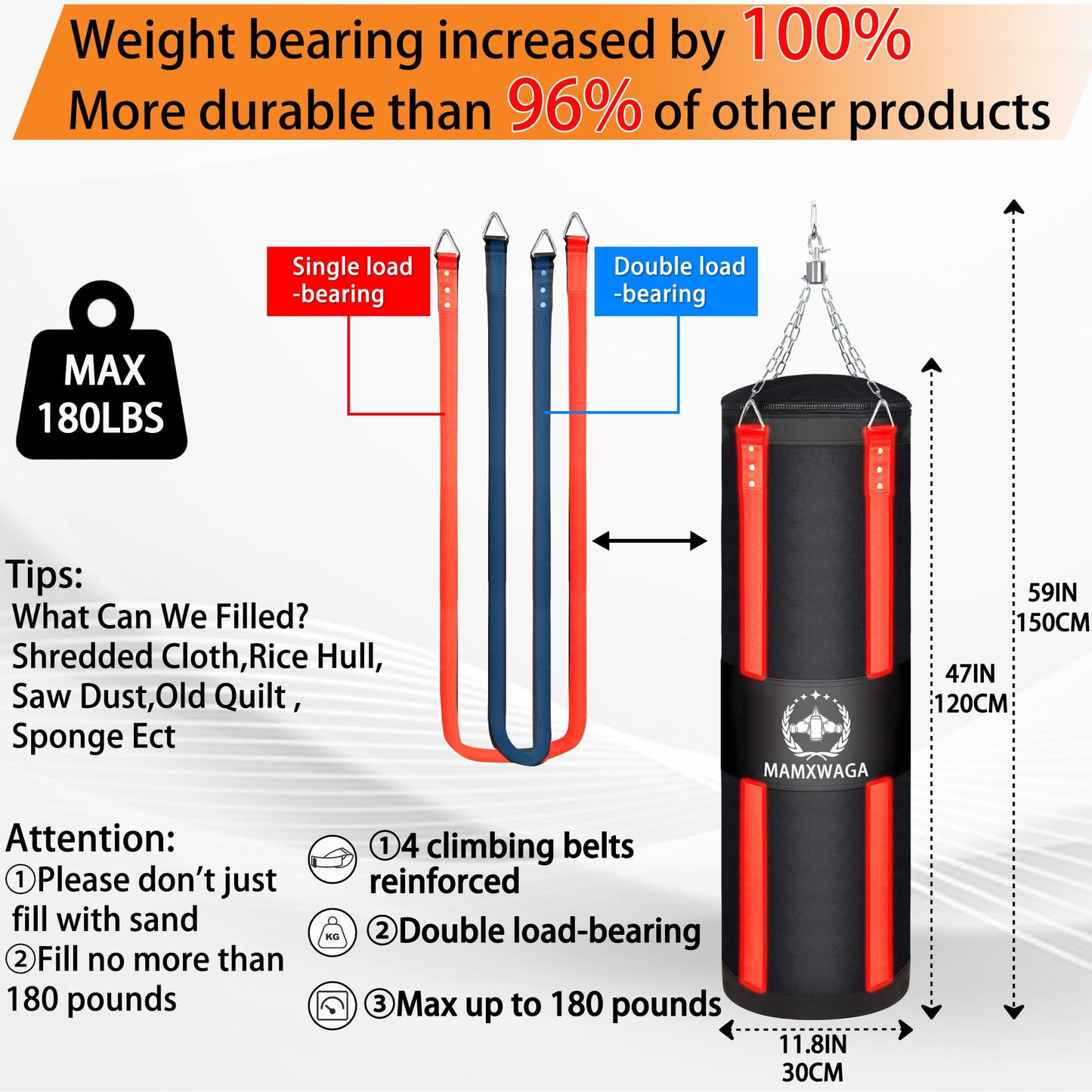 Mamxwaga 4FT Canvas Punching Bag for Adults, Hanging Boxing Heavy Bag with 12oz Gloves for Kickboxing Muay Thai Max Load-Bearing 180 Lbs(Unfilled)