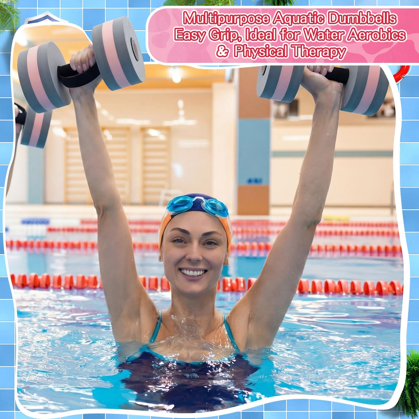 WinnerWhy 6 Pcs Aquatic Exercise Set Water Aerobic Equipment Large Mesh Beach Bag Pool Fitness Equipment Foam Dumbbell with Handle Strip Swimming Belt Gloves for Aquatic Fitness Weight Loss(Pink)
