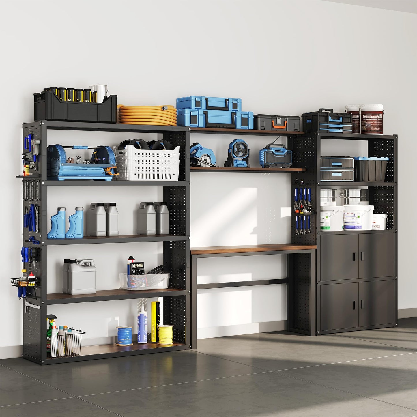 FLEXIMOUNTS Garage Storage Cabinet System, 3-in-1 Modular Metal Tool Cabinet w/ Workbench and Particle Board Shelf Includes Pegboard, 24-Gauge Steel, 129"(L) w/ 2 Doors, Black, FLEXIMOD Series