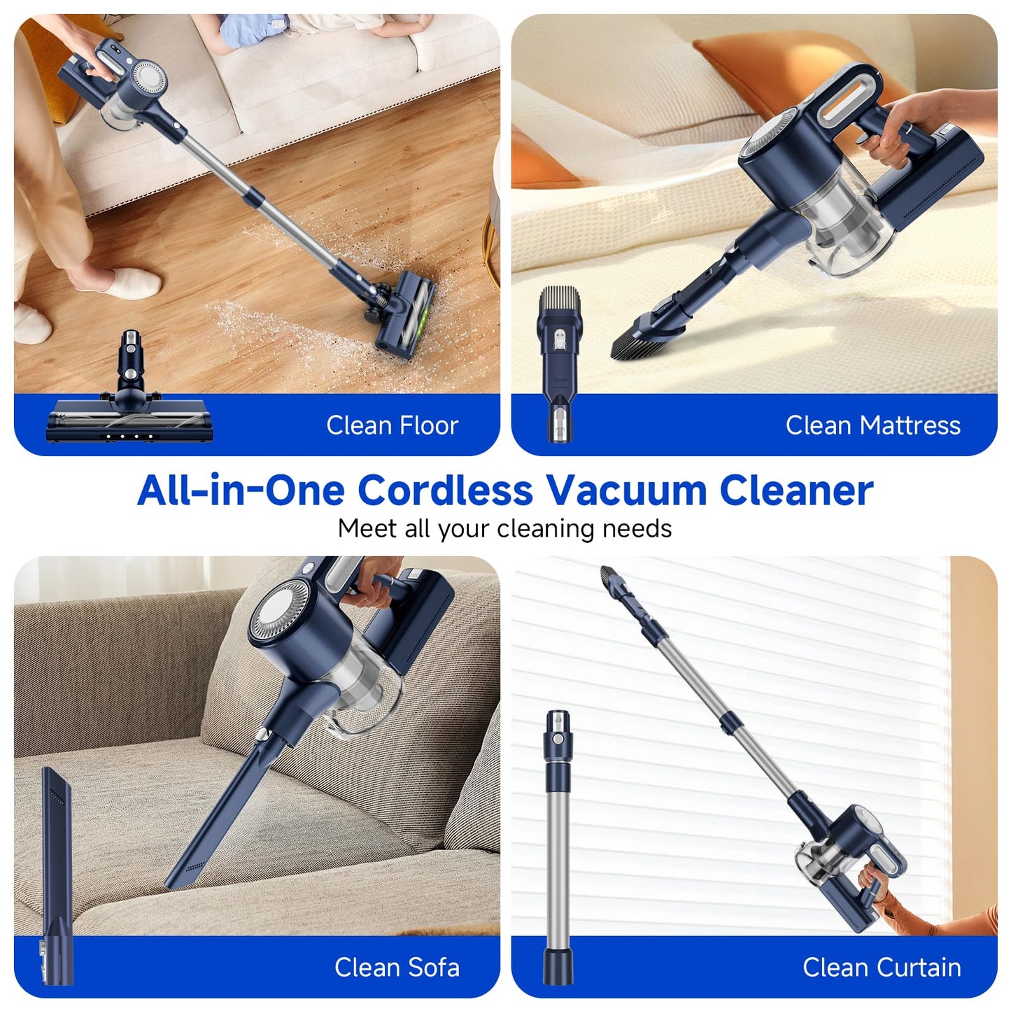 Cordless Vacuum Cleaner: 30KPA Powerful Suction Stick Vacuum, Anti-Tangle Brush for Pet Hair, Portable 6-in-1 Rechargeable Vacuum, Green LED Light, Ideal for Low-Pile Carpet & Hard Floors-Dark Blue