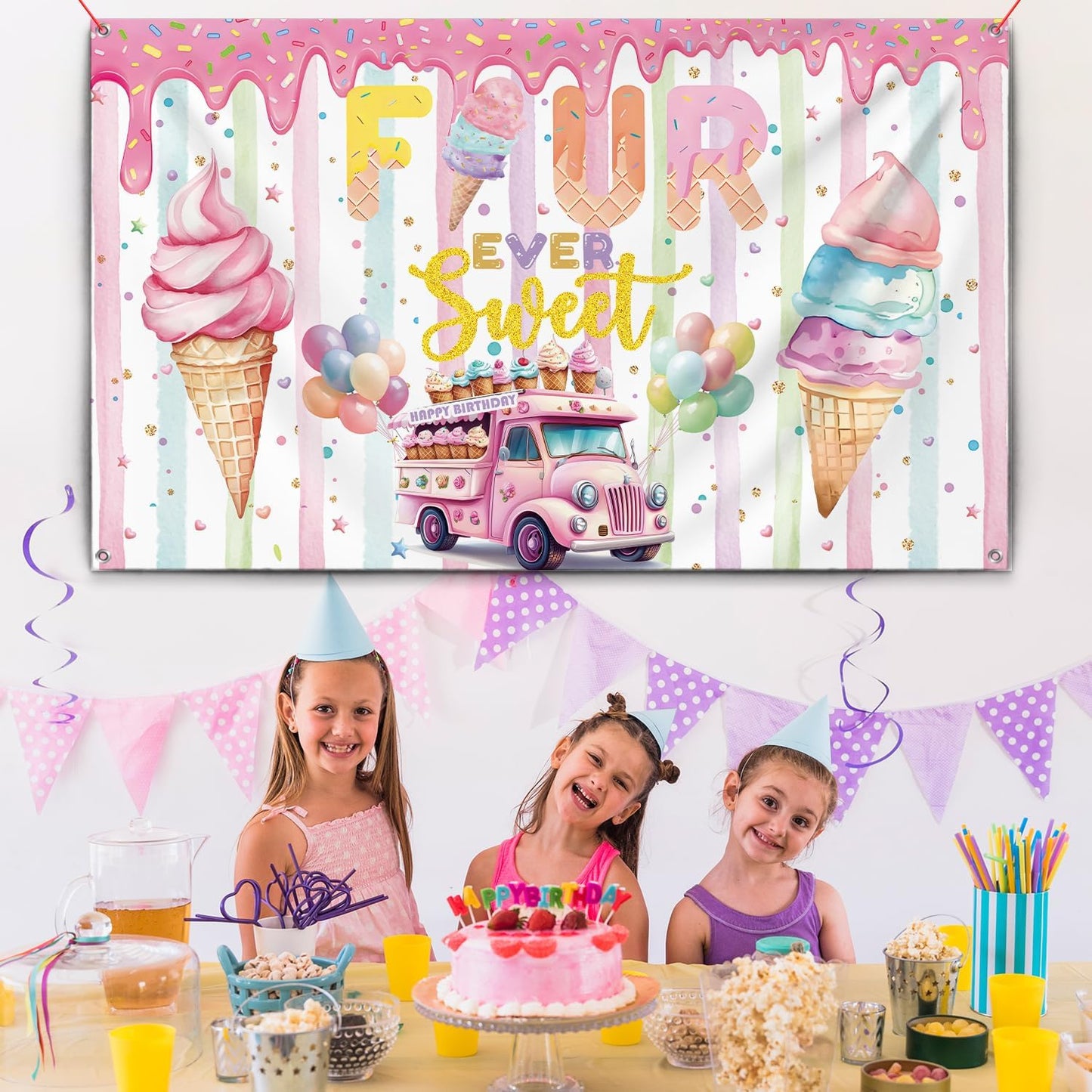 xuanflyF 4th 4th Ice Cream Birthday Party Decoration, Ice Cream Birthday Backdrop Banner, Four Ever Sweet Birthday