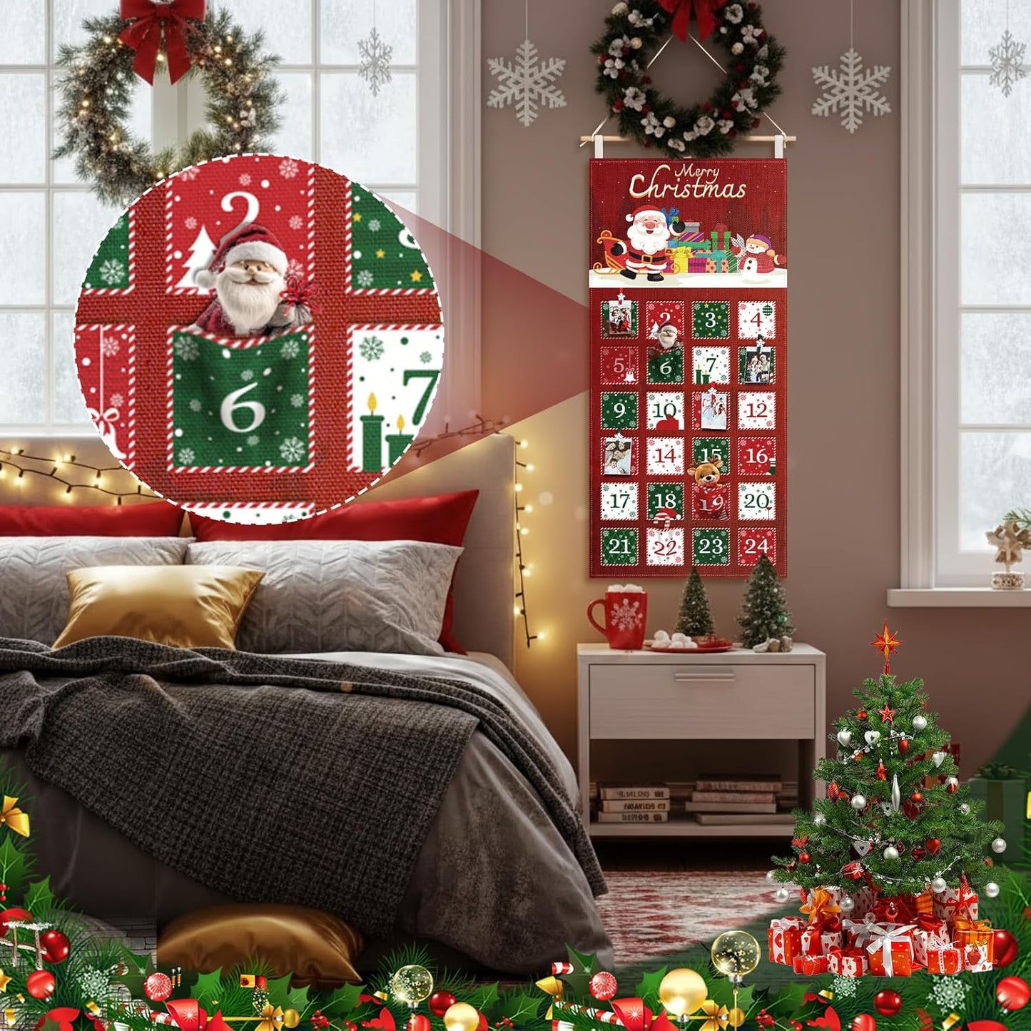 Weysat Christmas Fabric Advent Calendar - Reusable 24-Day Countdown Wall Hanging with Pockets & Clips | Santa Claus Design