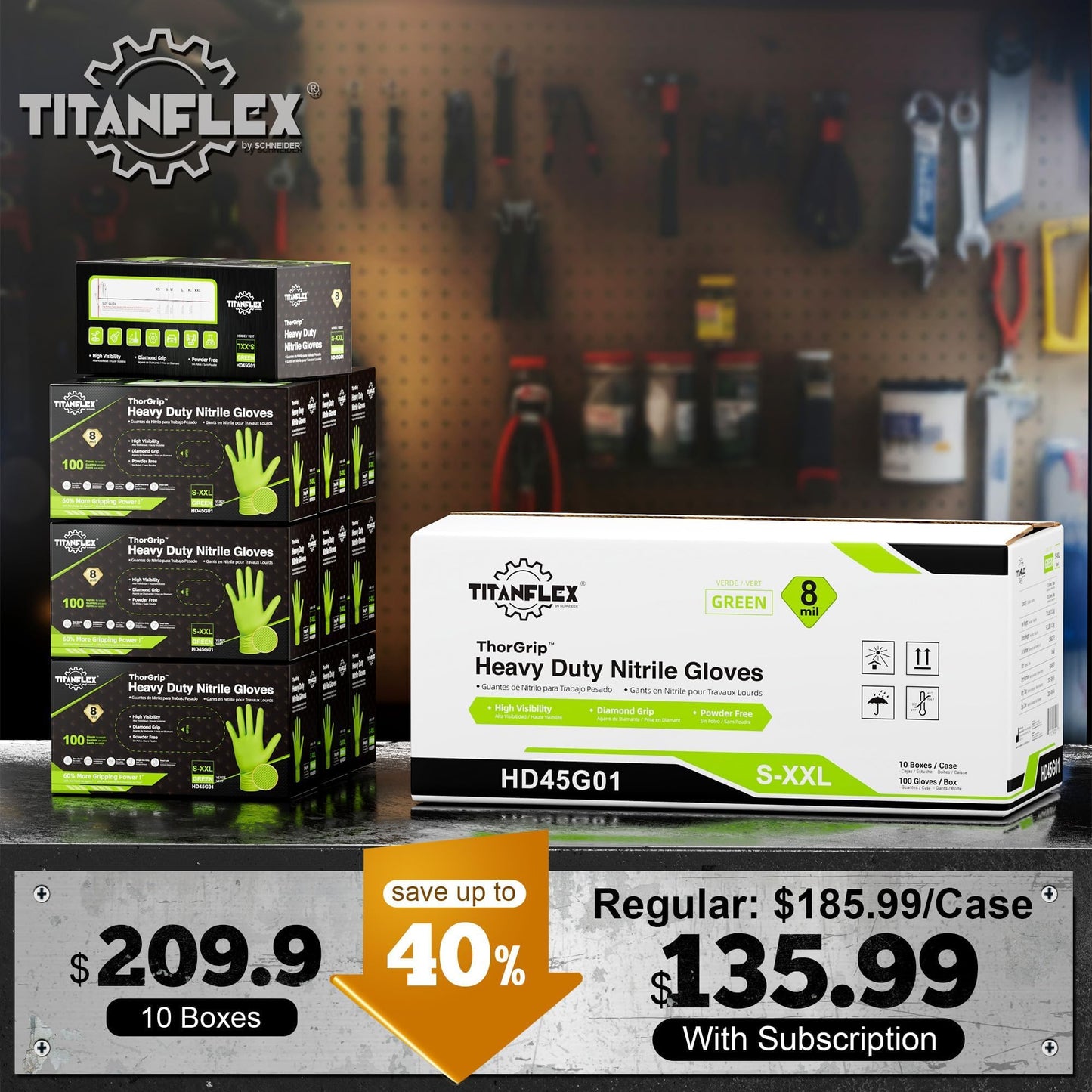 TitanFlex Heavy Duty Green Industrial Nitrile Gloves, 8-mil, Large, Case of 1000, Latex Free, Raised Diamond Texture Grip, Powder Free, Food Safe, Rubber Gloves, Mechanic Gloves