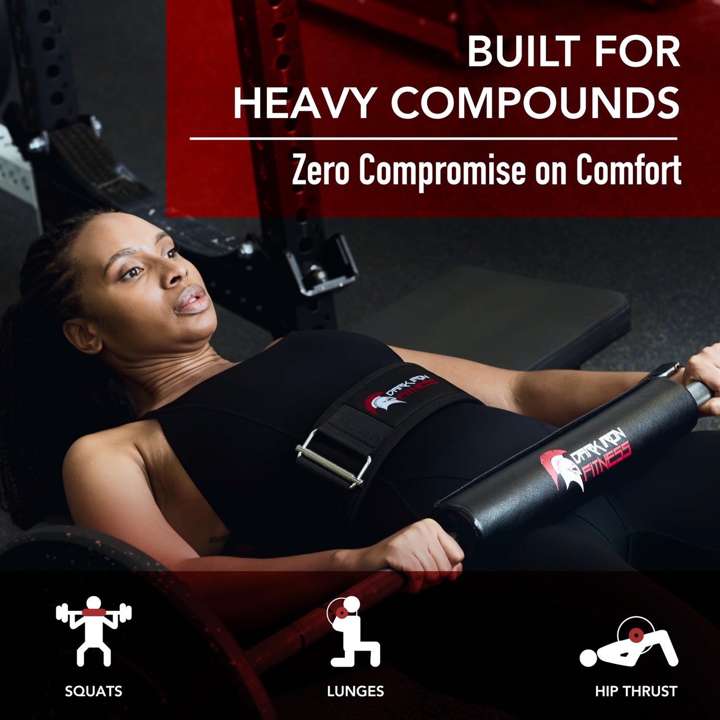 Dark Iron Fitness Barbell Pad w/Extra Thick Foam Padding, Non-Slip Hook & Loop Closure for Olympic Bars Weight Training Shoulder Neck Protection Support Squats Hip Thrusts Lunges, Blank Black